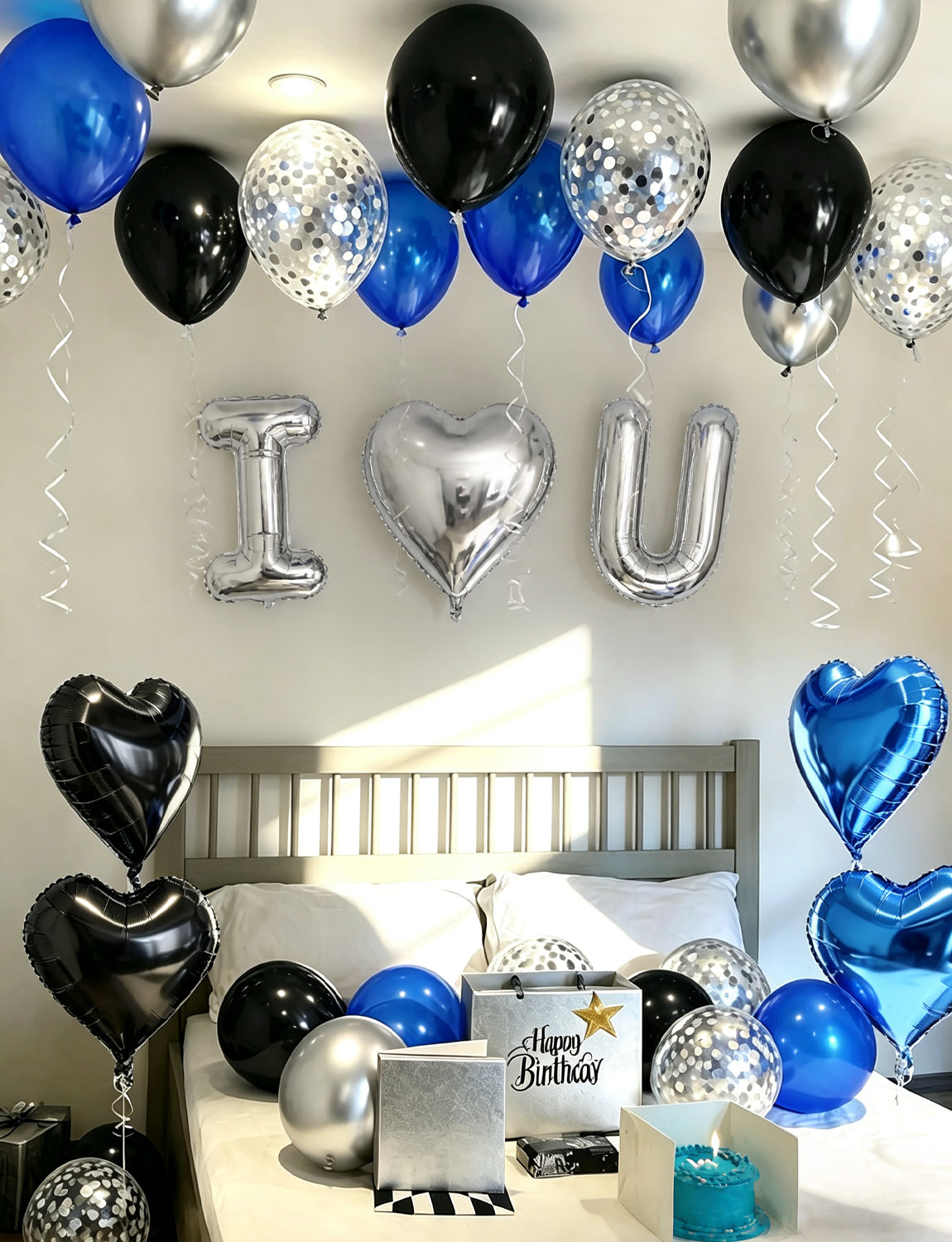 Blue and Black Proposal Decorations Kit - I Love You Balloons with Blue Black Silver Latex Confetti Balloons Heart Foil Balloons, 600Pcs Rose Petals Romantic Decoration Kit for Him/Her
