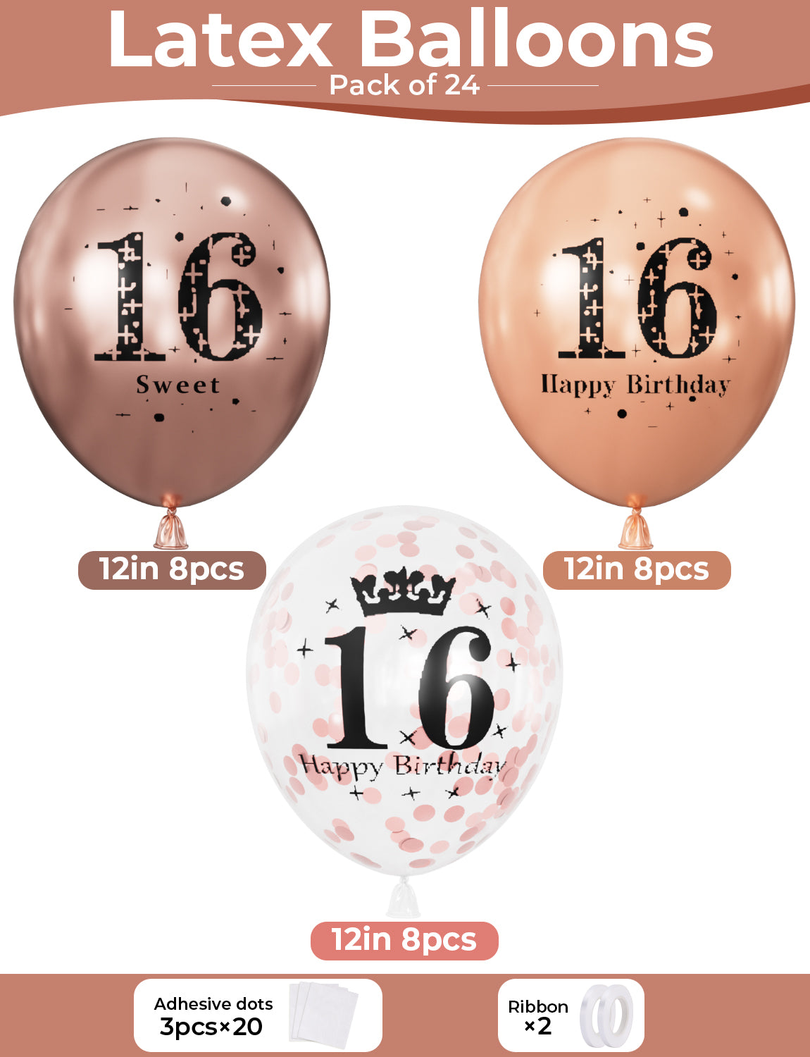 Adeyoo 24Pcs 16th Birthday Balloons - 12Inch Rose Gold 16th Birthday Decorations, Rose Gold Latex Confetti Balloons, Sweet 16 Birthdays Decorations for Girls Birth Anniversary Celebration Party