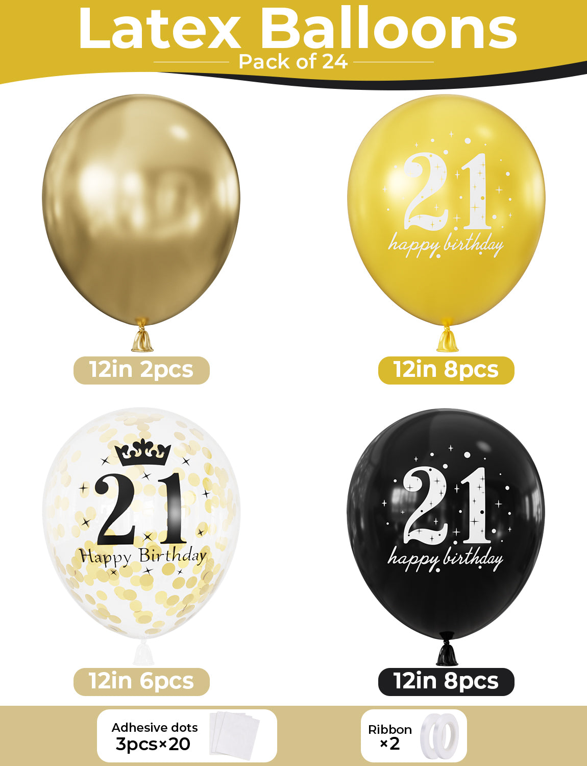 21st Birthday Balloons, 24 Pcs Black and Gold Balloons for Men Women 12Inch Black and Gold Balloons with Confetti balloons, Black and Gold 21st Birthday Decorations for Him & Her