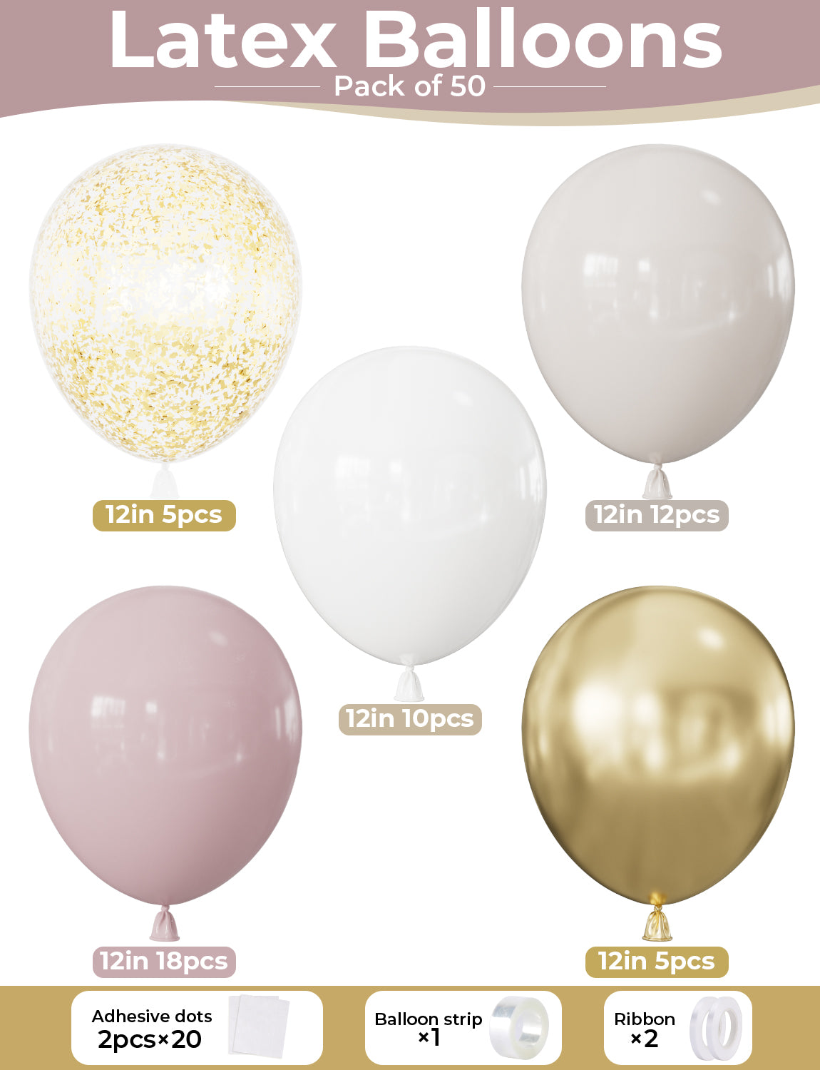 Dusty Pink and Gold Balloons, 50PCS 12 Inch Blush Pink, White & Metallic Gold Balloons with Confetti Balloon for Birthday, Bridal Shower & Wedding Party Decorations, Girls & Women