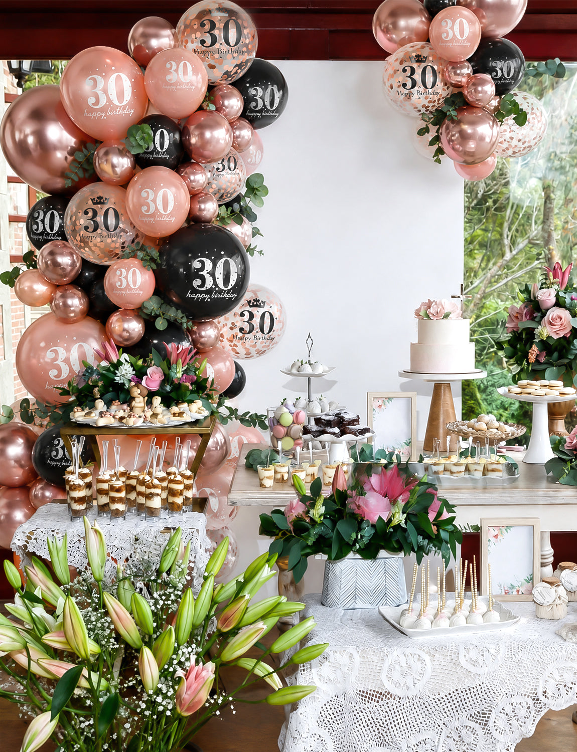 30th Birthday Balloons, Rose Gold and Black Balloons for Party Decor 24 Pcs 12 Inch Happy Birthday Balloons, Metallic and Pearl Rose Gold Balloons with Confetti, 30th Birthday Party Decorations