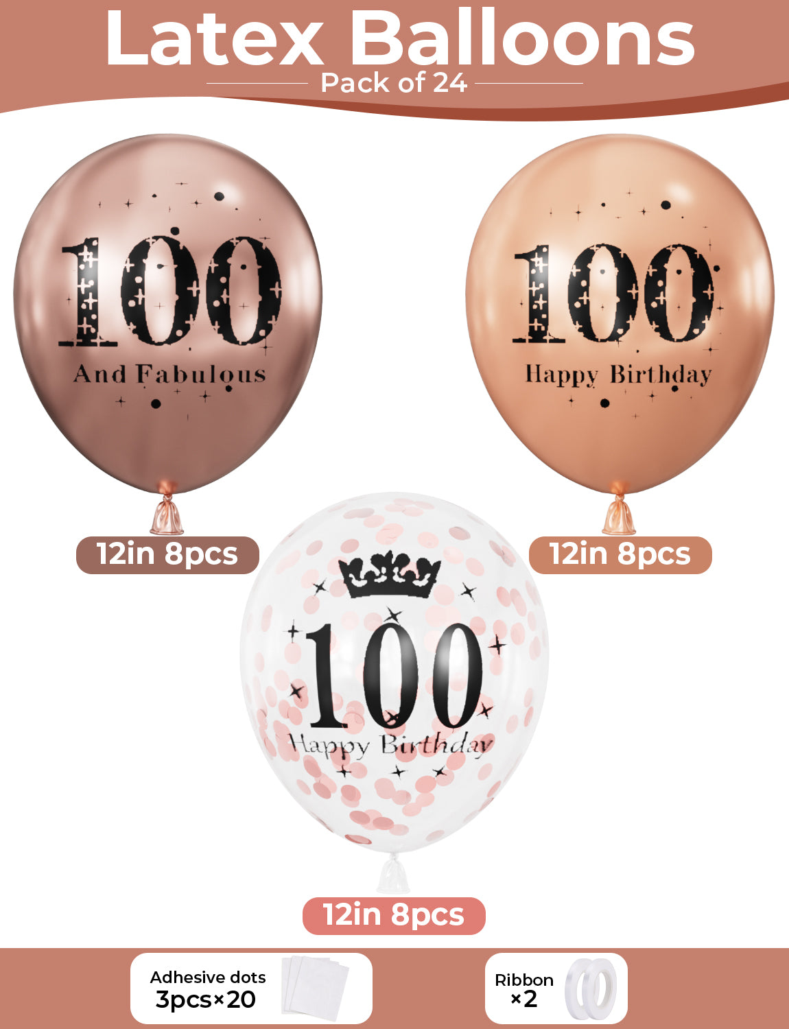 Adeyoo Rose Gold Birthday Balloons Decorations - 24 Pcs 100th Birthday Balloons for Women, Pearl Metallic Rose Gold Balloon, Glitter Confetti Balloon for 100 Years Old Hbd Anniversary Party Decoration