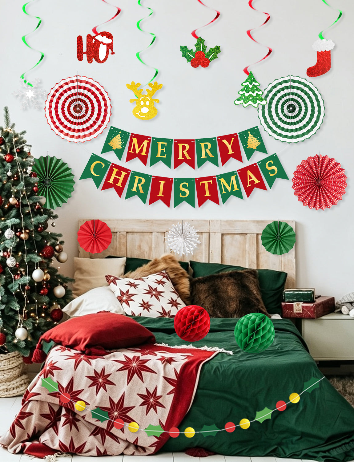 Adeyoo Christmas Decorations, 18Pcs Merry Christmas Paper Decoration Banner Honeycomb Ball, Paper Fan, Snowflakes, Swirls and Merry Christmas Banner, Christmas Ceiling Decorations for Indoor Xmas Party