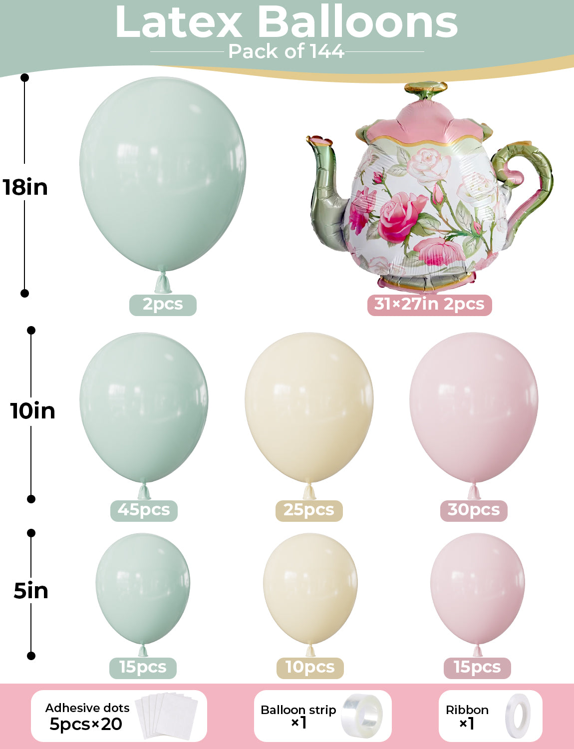 Tea Party Decorations - 144 Pcs Tea Party Balloon Arch Kit Garland Bright Pink Green Yellow Balloons Arch Kit with Large Teapot Foil Balloons for Let's Par Tea Birthday Spring Party Decorations