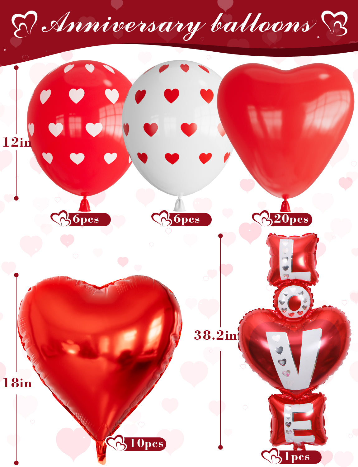Happy Anniversary Decorations Set, Red Heart Balloons with Love Foil Balloons, Happy Anniversary Balloon Banner and Silk Rose Petals for Romantic Valentine's Day & Sweetest Day Supplies