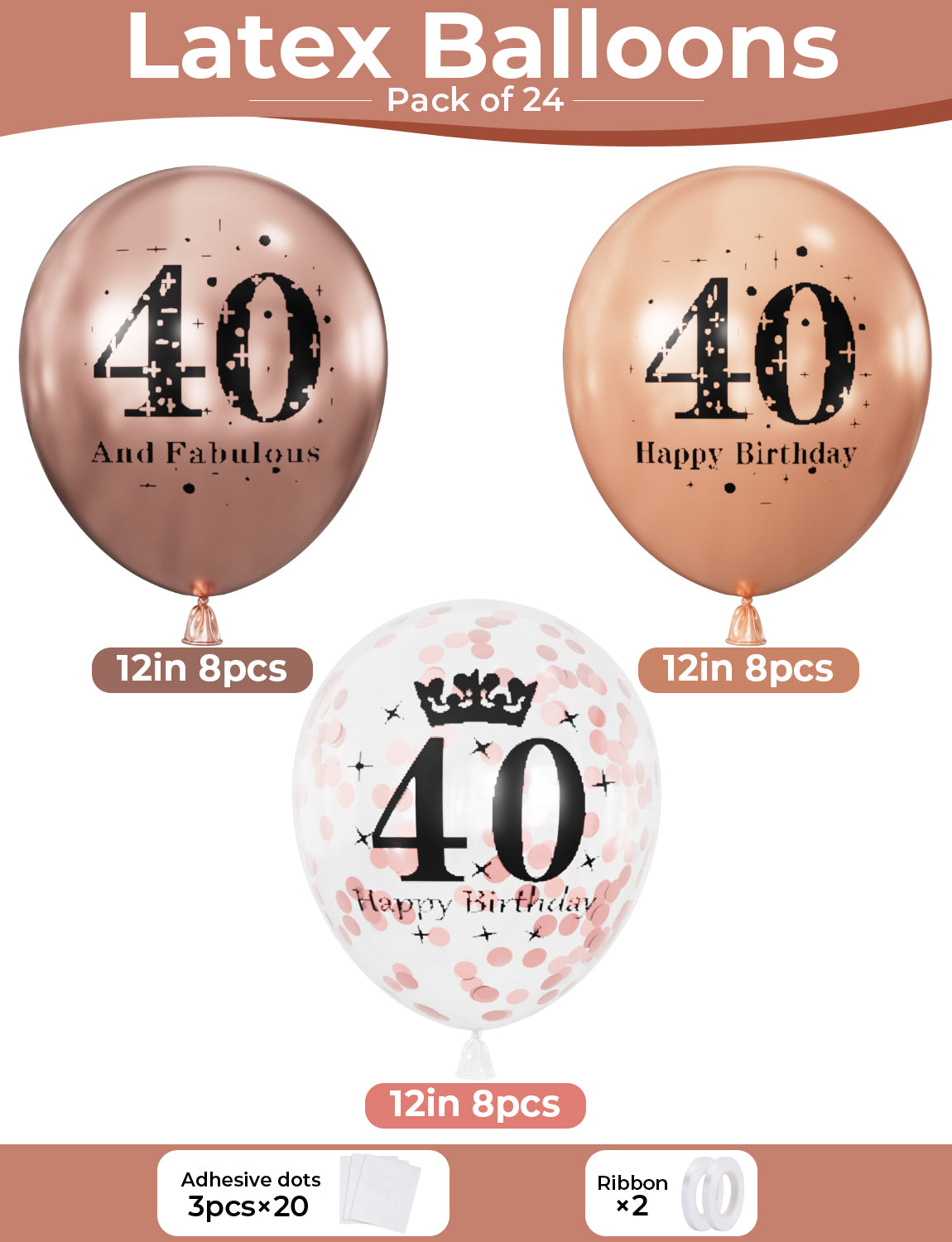 Adeyoo 40th Birthday Balloons for Women - 24Pcs 12Inch Rose Gold Latex Confetti Balloons, Fabulous Happy 40th Birthday Party Decorations for Women Anniversary Celebration