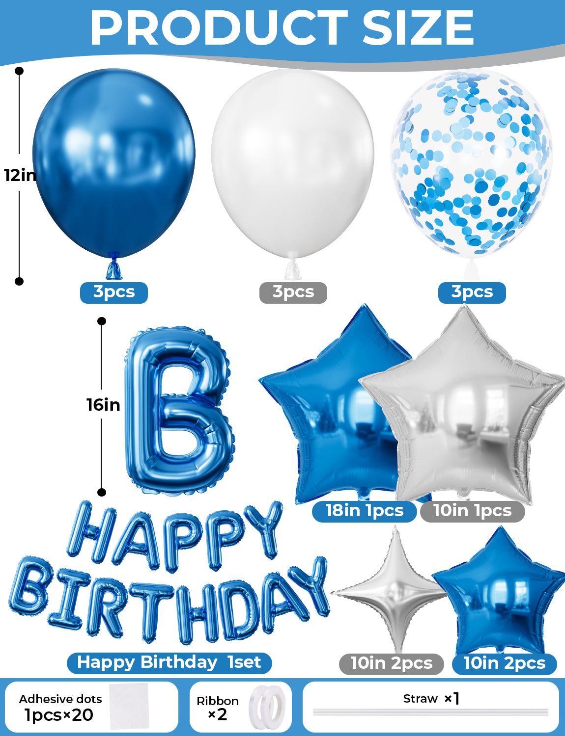 Happy Birthday Decorations - Blue Happy Birthday Balloons with Metallic Blue and White Latex Confetti Balloons, Silver Foil Star Balloons for Men Boys Pet Birthdays Party Decorations