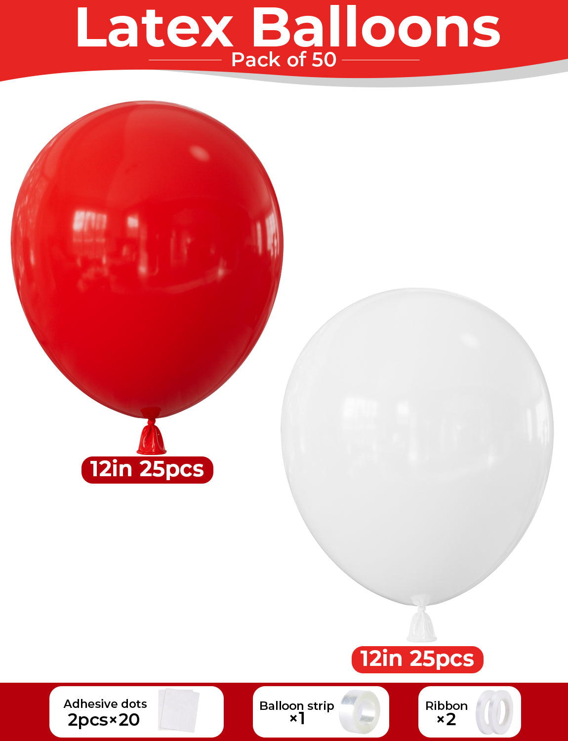 Red and White Balloons, 50 Pcs 12 Inch Red White Latex Balloons Classic Red White Balloons for Christmas Valentine's Day Wedding Engagement Anniversary Birthday Football Party Decorations