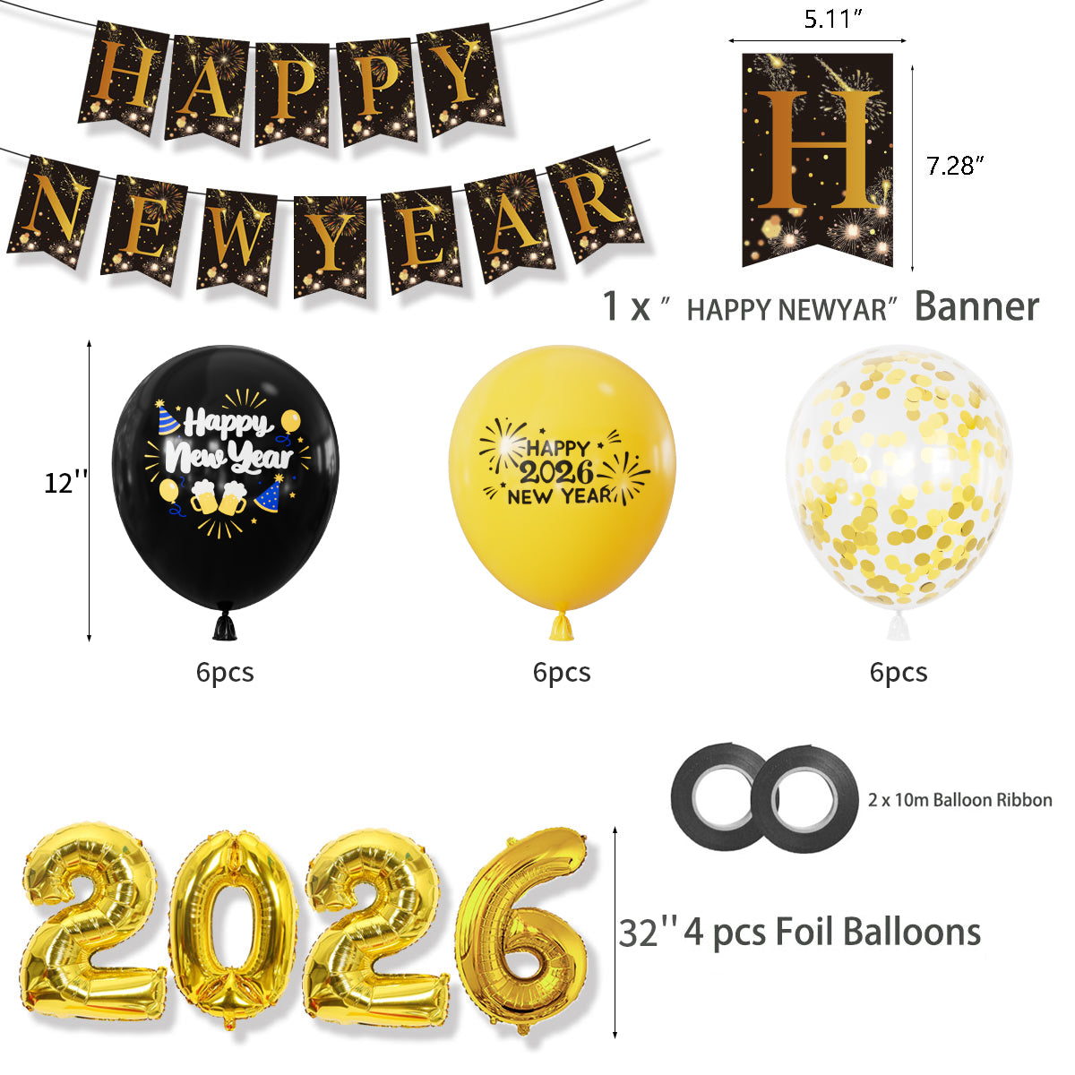 Adeyoo New Years Eve Decorations 2026 XXL Set - New Year Decorations with 2026 Giant Foil Balloons, Black and Gold Happy New Year Banner and Latex Confetti Balloons for Happy New Years Eve Party