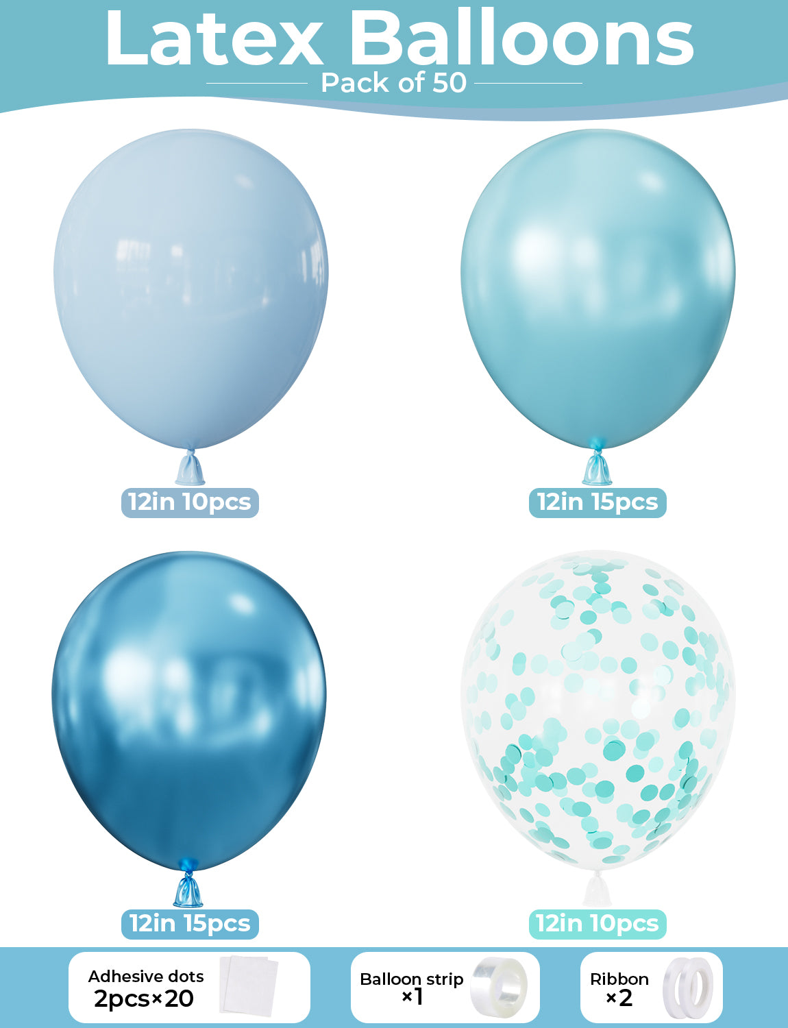 Blue Balloons - Under The Sea Balloons for Ocean Shark Sea Theme 50Pcs 12 Inch Mixed Blue Balloons Teal Pastel Metallic Blue Latex Confetti Balloons for Birthday Mermaid Theme Party Supplies
