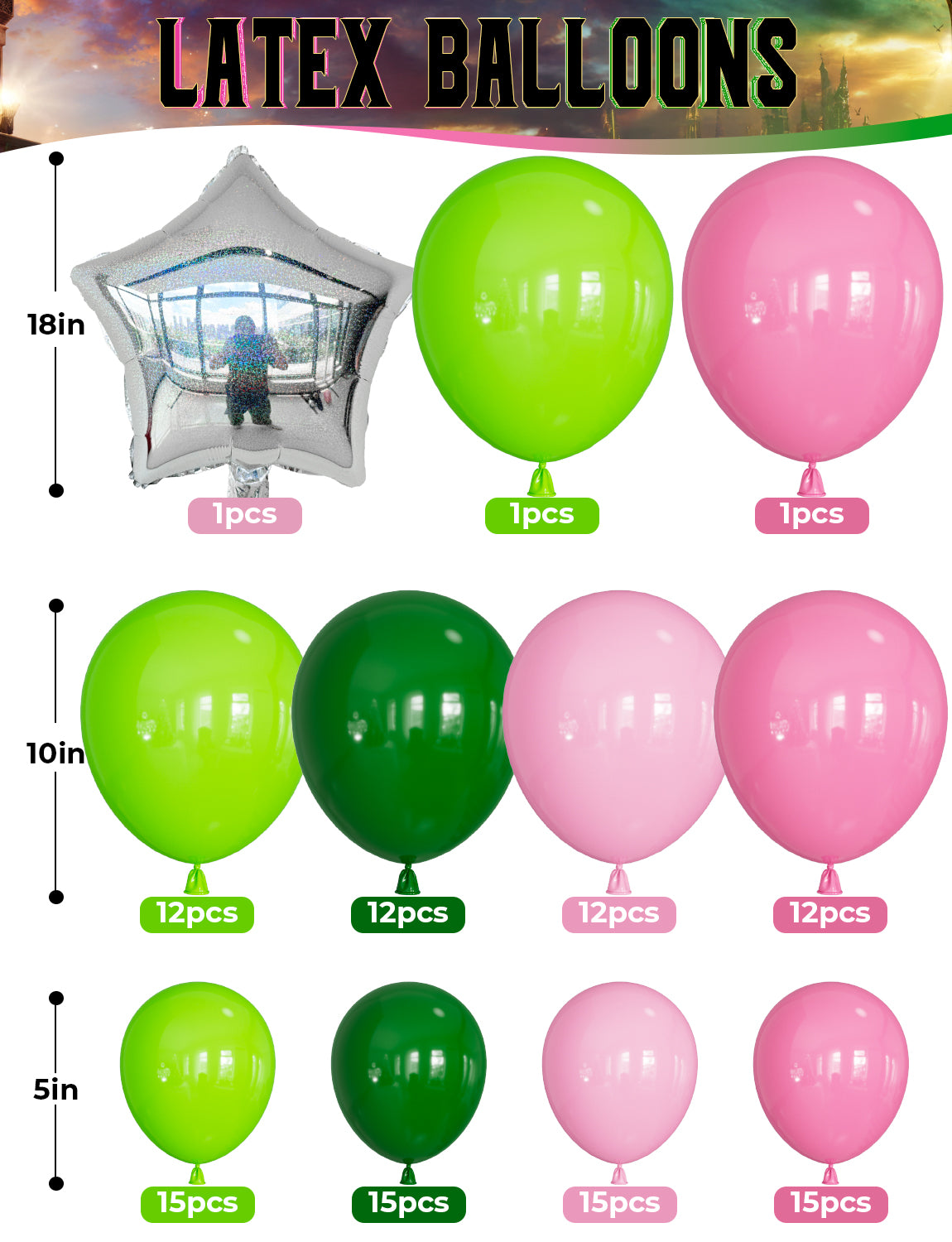 Pink and Green Balloons Arch Kit - Witch Balloon Arch Kit, Multi-Size Pink and Green Balloons with Foil Fringe Curtains Witch Hat Crown Explosion Star Broom Balloon for Birthday Party Decor