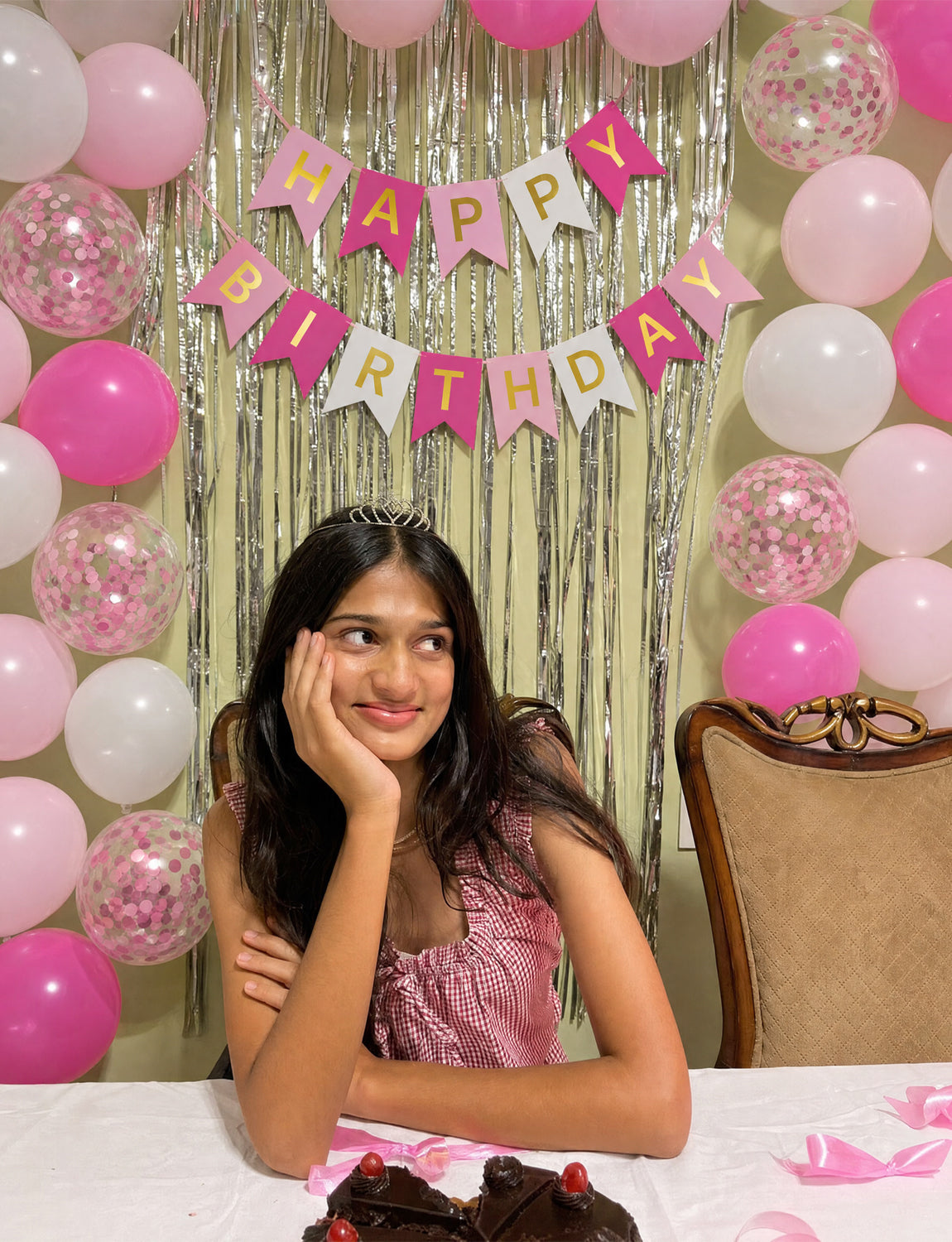 Pink Birthday Decorations - Happy Birthday Banner with 12 Inch Pink and White Latex Confetti Balloons Reusable Bunting Banner for Girls Women Pet Happy Birth Party Decorations