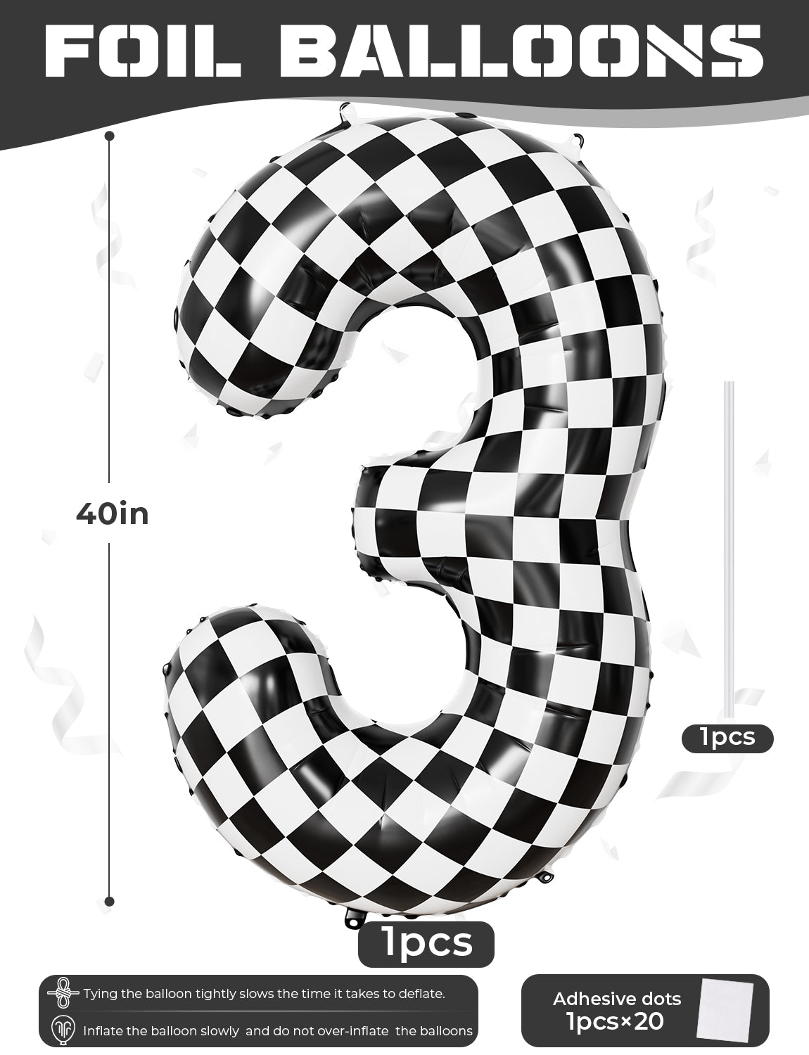 40 Inch Checkered Number 3 Balloon for Racing Birthday Decorations Large Number 3 Balloon, Black and White Foil Balloon for Birthday, Baby Shower, Race Car and Checkered Flag Party Decorations