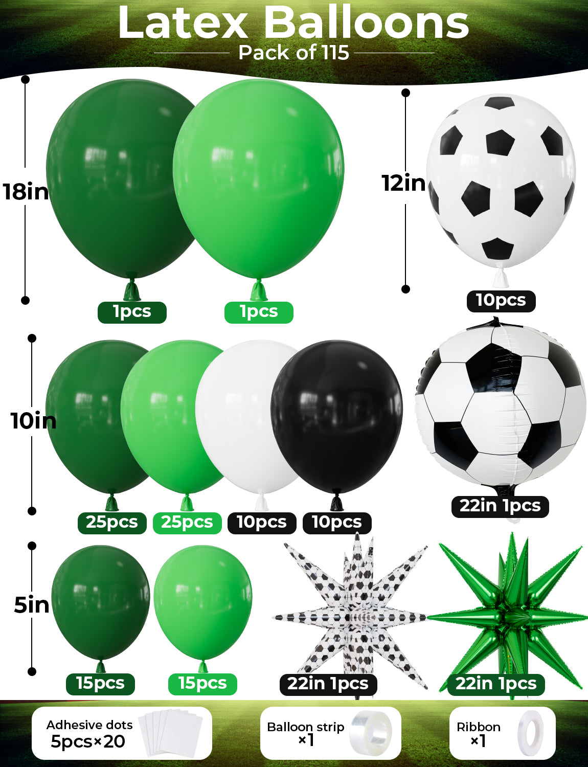Football Balloon Garland Arch Kit, 115 Pcs Green Black White balloon Black and White Balloons, Football Print Star Foil Balloons, Football Birthday Decorations for Boys Soccer Sports Fan Party