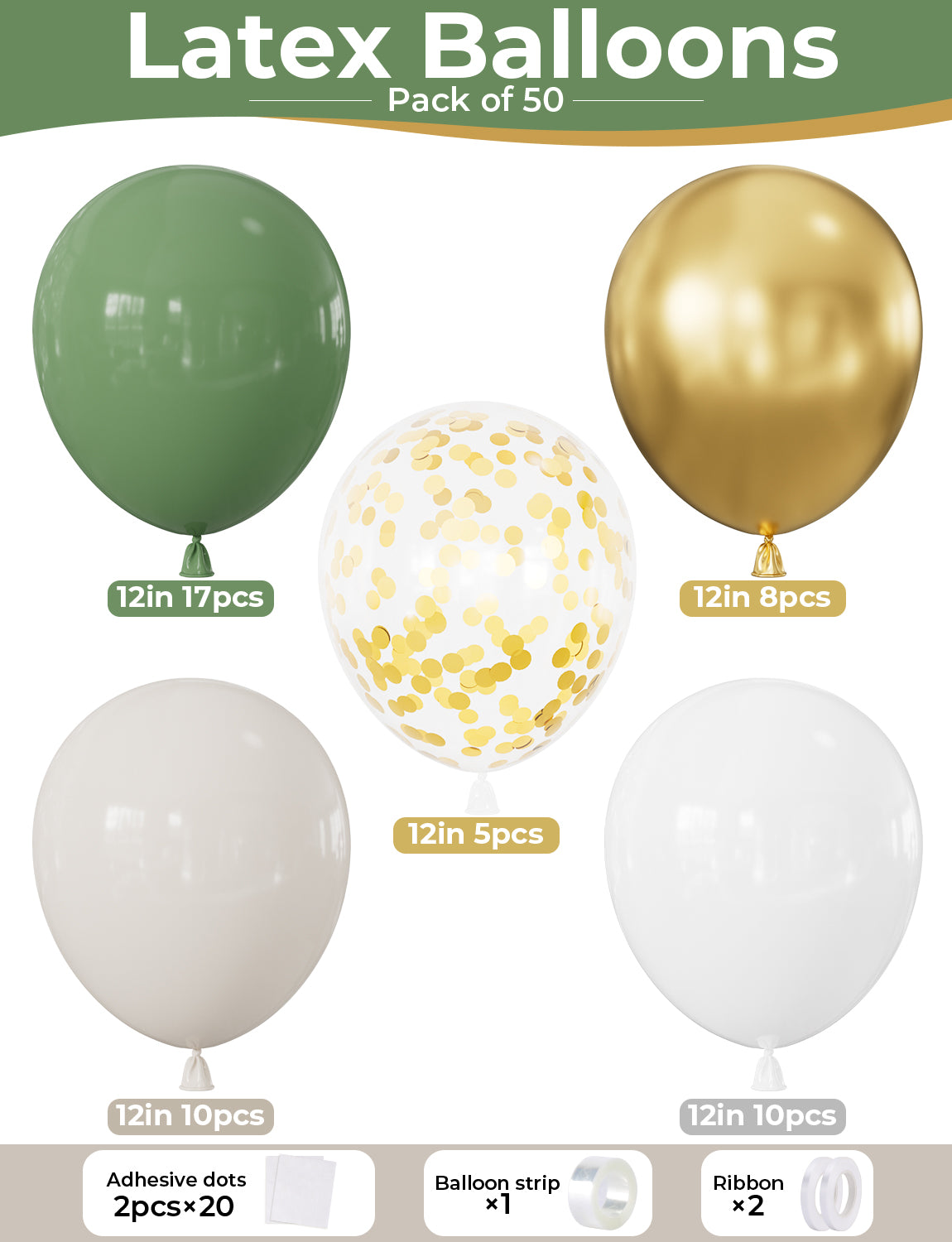 Sage Green and Gold Balloons, 12 Inch Sage Green White Gold Balloons 50 Pcs Sage Green and White Balloons, Cream Balloons, Gold Confetti Balloon for Birthday Jungle Theme Baby Shower Party Decor