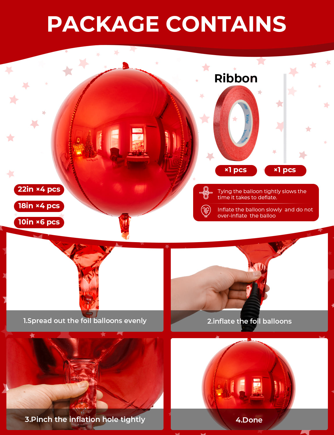 Red Foil Balloons, 22" 18" 10" 4D Round Metallic Red Mylar Balloons 14 Pcs Metallic Birthday Balloons, Different Sizes Mirror Foil Balloon for Birthday Anniversary Wedding Christmas Party Decor
