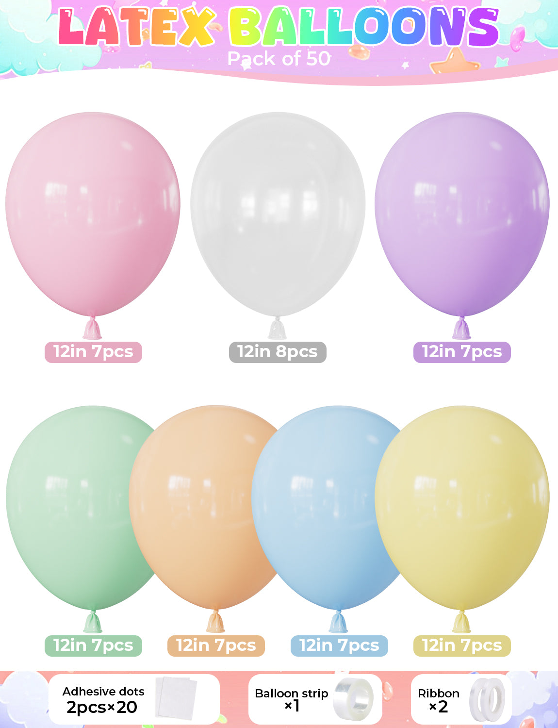 Pastel Balloons, 50 Pcs Pastel Rainbow and Clear Balloons 12 Inch Macaron Colourful Balloons, Multicoloured Balloons for Birthday Baby Shower Wedding Easter Unicorn Party Decorations