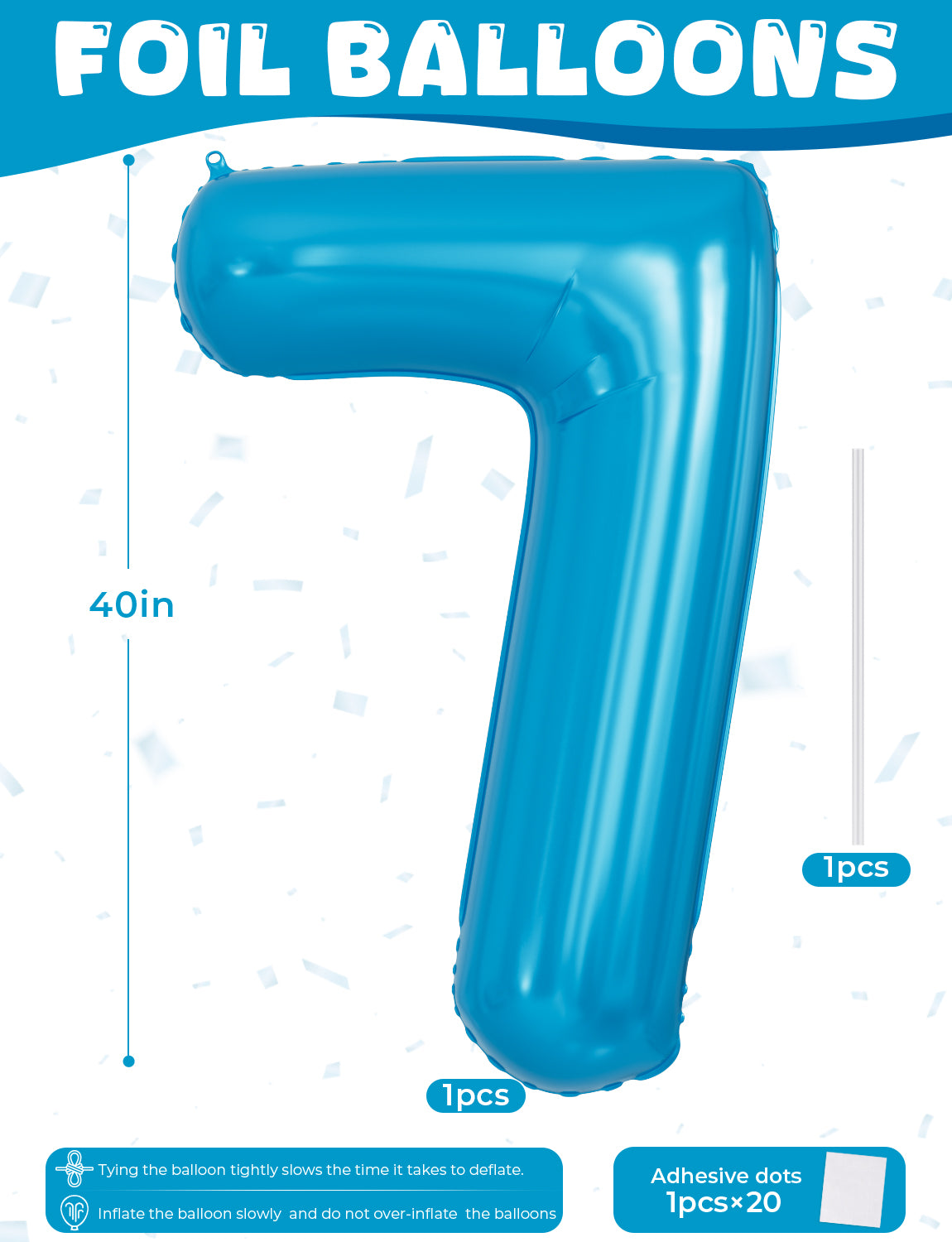 Adeyoo 40 Inch Blue Number 7 Balloon - 7th Birthday Balloons for Boys, Self Inflating Foil Number Balloons 0-9 for Men Birthday Anniversary Graduation Party Decorations, Photo Shoot Supplies