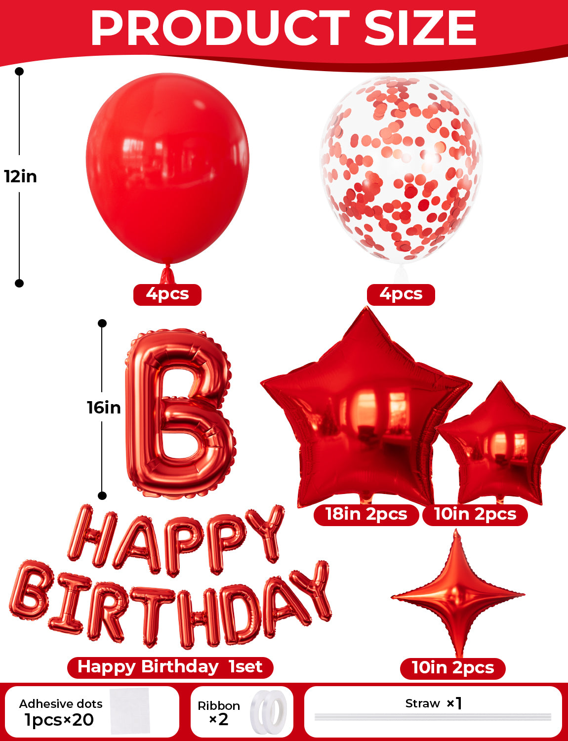 Red Happy Birthday Banner - Happy Birthday Decorations with Red Balloons and Foil Star Balloons Glitter Party Decorations for Women Men Pet Birth Party, Photo Shoot Supplies