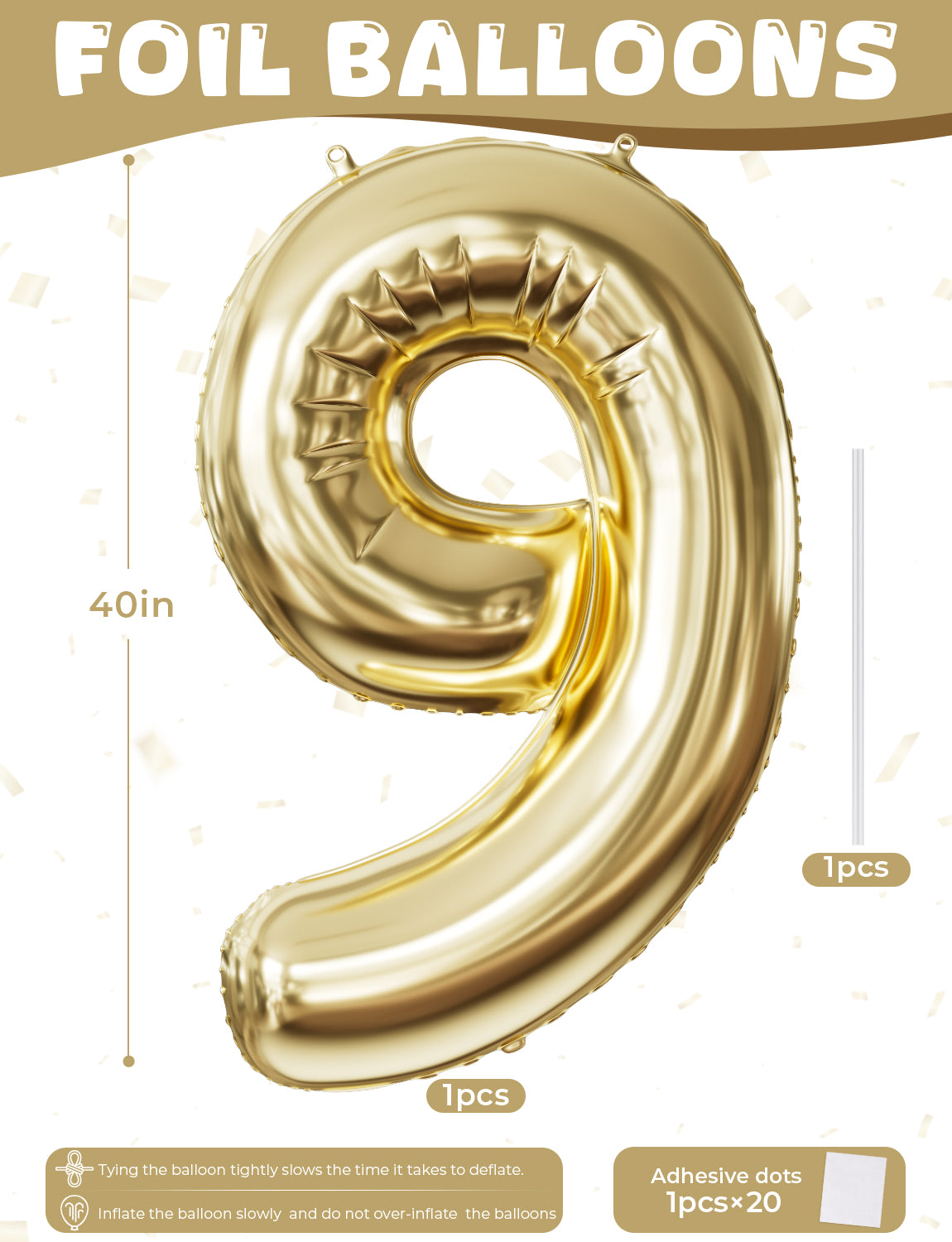 Adeyoo Gold Number 9 Balloon - 40" Large Champagne Gold Digital 9 Balloon for Boys Girls 9th Birthday, Self Inflating Number Balloons 0-9 for Women Men Birthday Anniversary Party Decorations