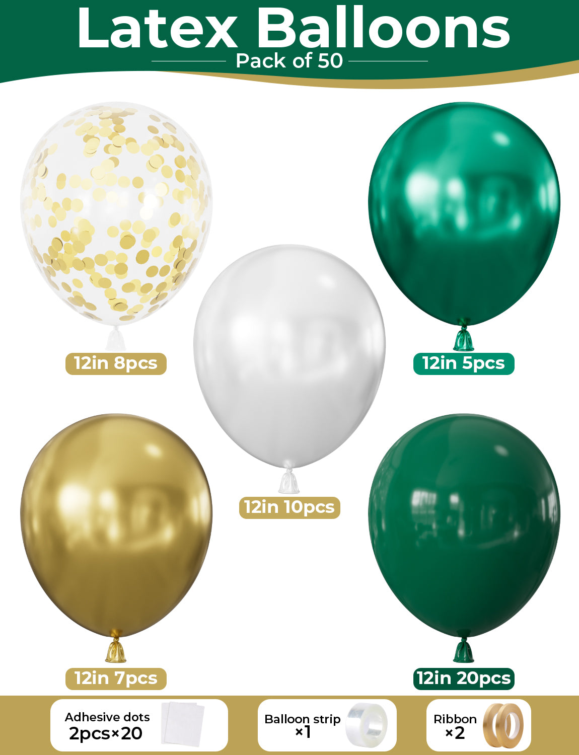 Adeyoo 50 Pcs Green and Gold Balloons - 12 Inch Metallic Dark Green Balloons with White and Gold Latex Confetti Balloon for Patrick's Day Birthday Jungle Safari Dinosaur Theme Party Decorations