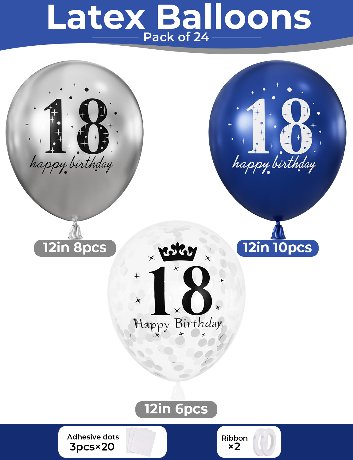 18th Birthday Balloons - 24Pcs Blue and Silver Balloons for birthday 12 Inch Happy Birthday Balloons, Navy Blue and Silver Confetti Balloons for Boys & Girls, 18th Birthday Party Decorations