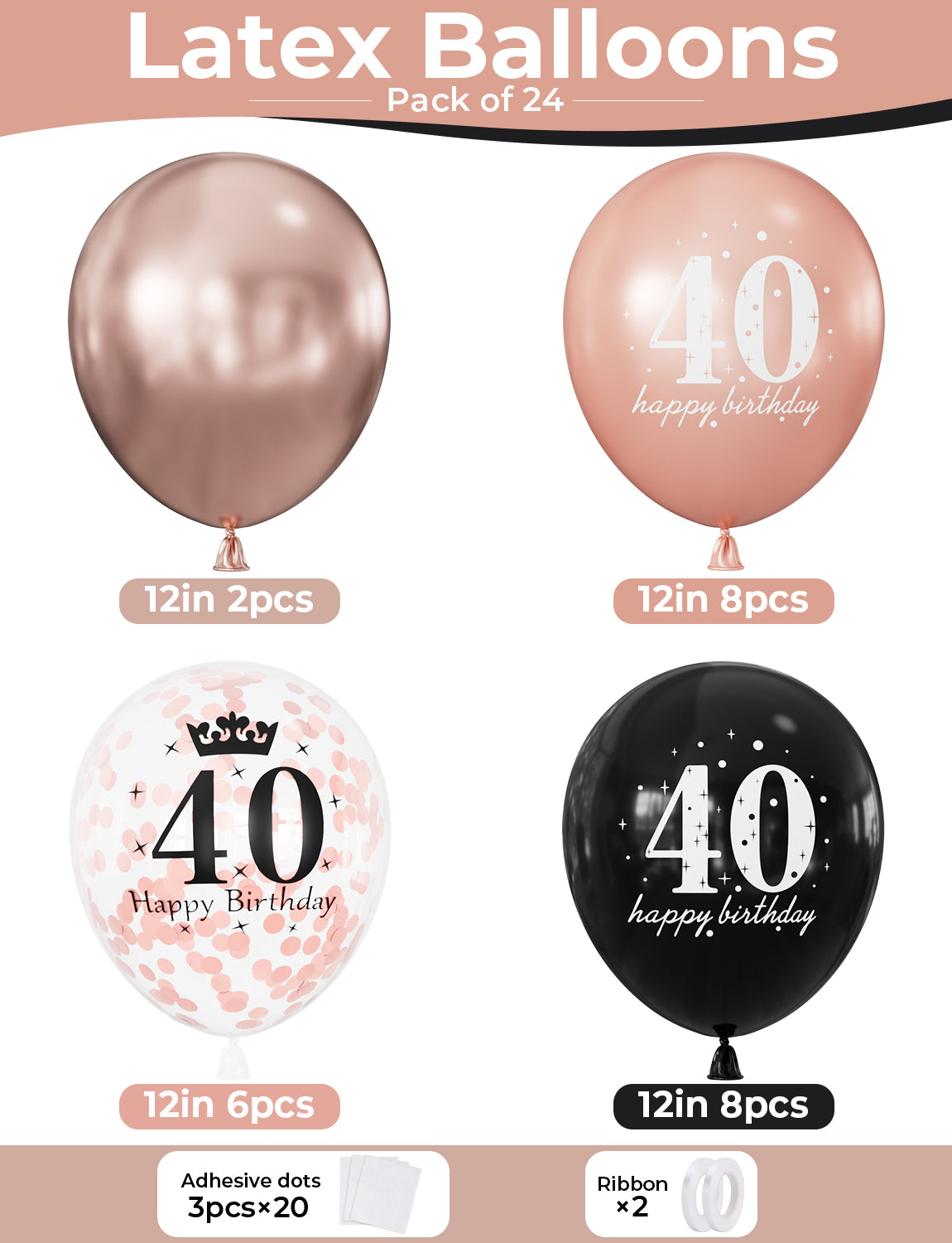 40th Birthday Balloons, Rose Gold and Black Balloons for Party Decor 24 Pcs 12 Inch Happy Birthday Balloons, Metallic and Pearl Rose Gold Balloons with Confetti, 40th Birthday Party Decorations