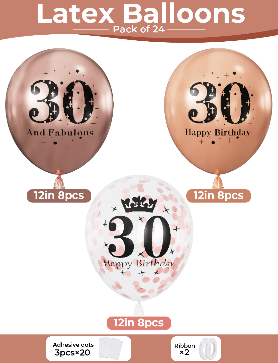 Adeyoo 24Pcs Rose Gold 30th Birthday Balloons - 12Inch Rose Gold Latex Confetti Balloons, Fabulous Happy 30th Birthday Decorations for Women Anniversary Celebration
