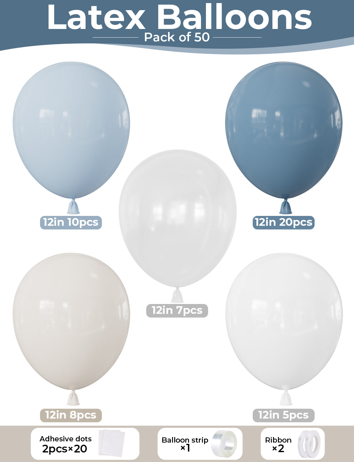 Dusty Blue White Balloons, 50 Pcs 12 Inch Blue and White Balloons Baby Blue and Cream Balloons, Clear Balloon for Kids Birthday Baby Shower Wedding Christening Gender Reveal Party Decorations