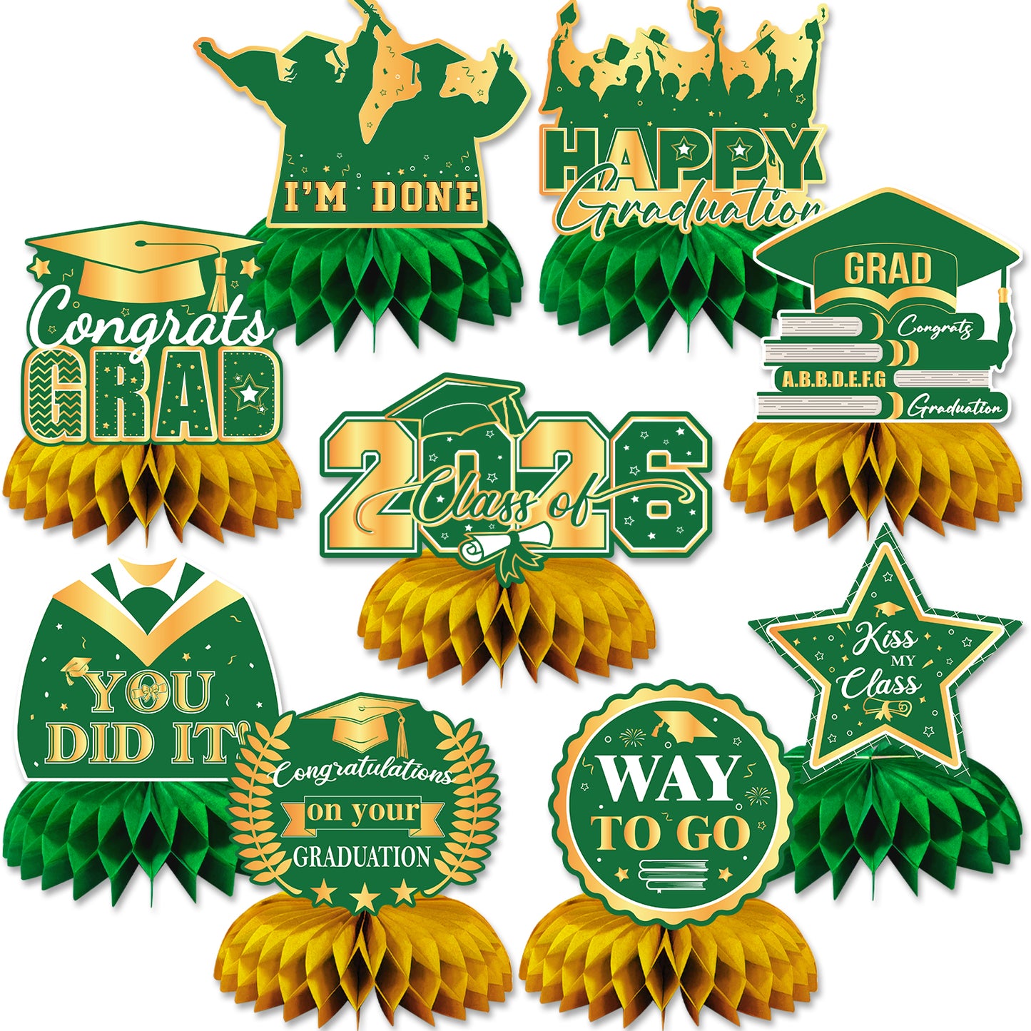 Graduation Table Decorations Class of 2026, 9Pcs Graduation Centerpieces for Tables Green Gold Honeycomb Centerpiece Congrats Grad Table Toppers Congratulate Decorations for Grad Party Supplies