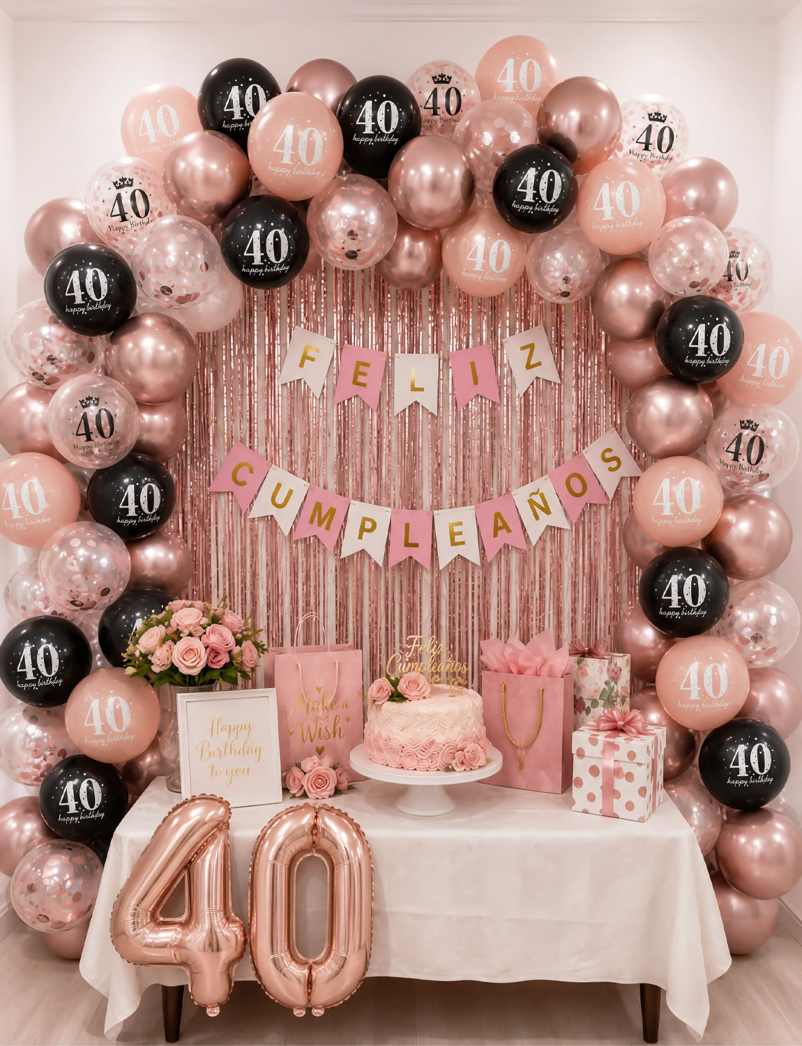40th Birthday Balloons, Rose Gold and Black Balloons for Party Decor 24 Pcs 12 Inch Happy Birthday Balloons, Metallic and Pearl Rose Gold Balloons with Confetti, 40th Birthday Party Decorations