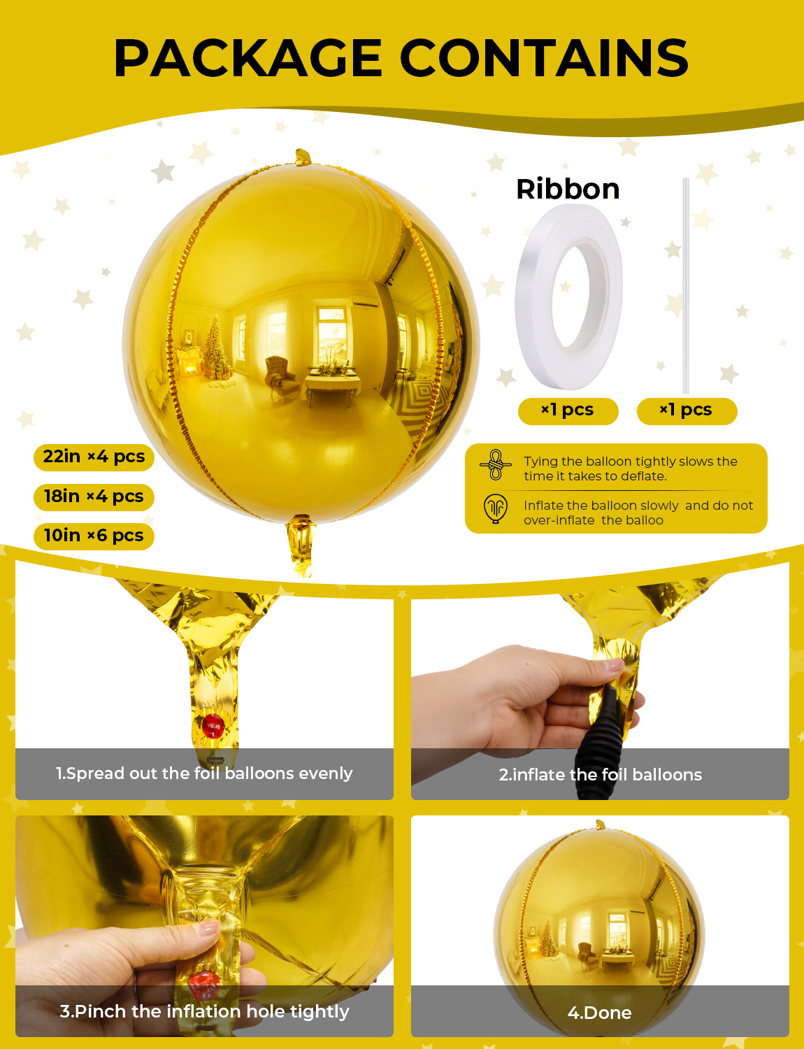 Gold Foil Balloons, 22" 18" 10" 4D Round Mylar Gold Balloon, 14 Pcs Metallic Gold Balloons, Different Sizes Mirror Foil Balloons for Birthday Graduation Christmas Wedding New Years Party Decor
