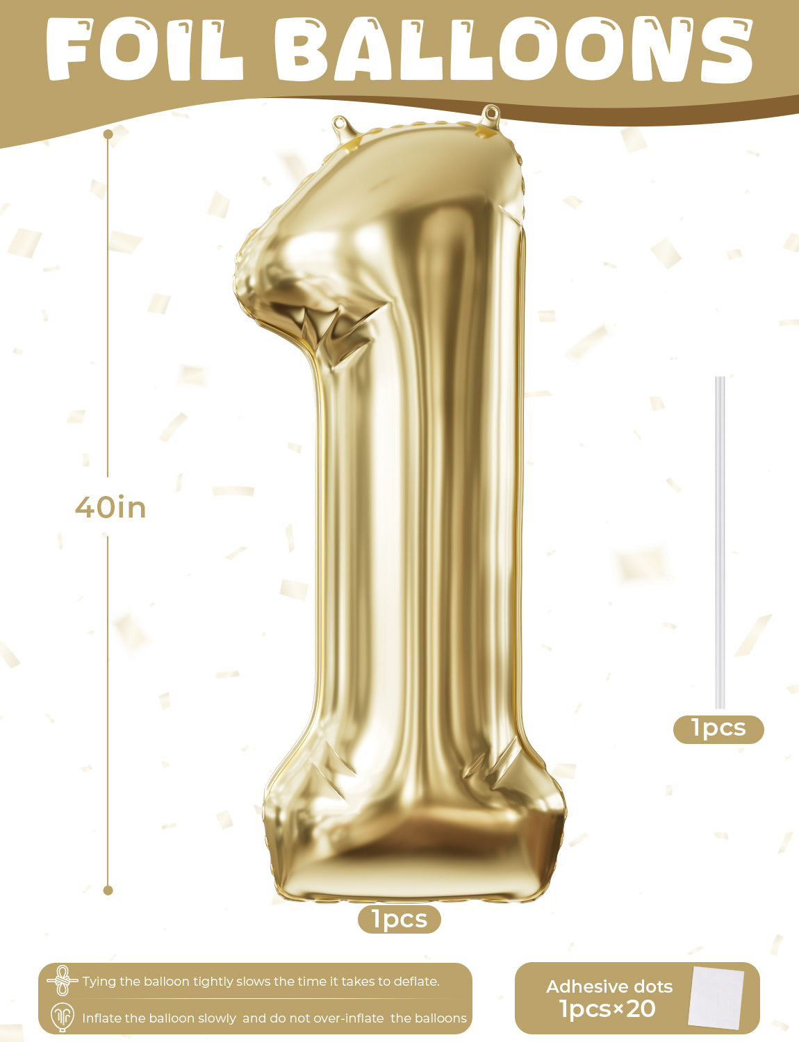 Adeyoo Light Gold Number 1 Balloon - 40 In Large Champagne Gold Foil Digital Balloons for Boys Girls, Self Inflating Number Balloons 0-9 for Women Men Birthday Anniversary Party Decorations