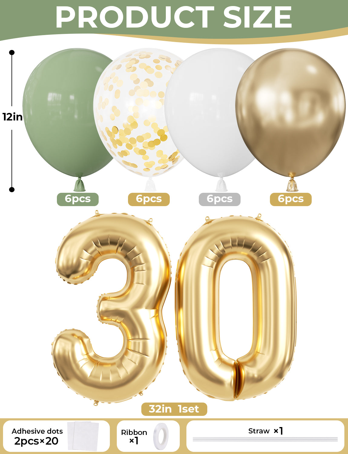 30th Birthday Decorations with 30th Birthday Banner for Women Men Sage Green Gold White Balloons, Number 30 Foil Balloon, Gold Bunting, Cake Topper for 30th Anniversary Birthday Party Decor