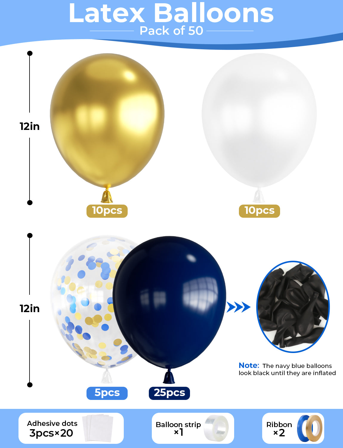 Adeyoo Navy Blue and Gold Balloons - 12 Inch Navy Blue Balloons Set, White Latex Balloon Glitter Metallic Gold Confetti Balloon for Birthday Baby Shower Wedding Graduation Party Decorations (50Pcs)