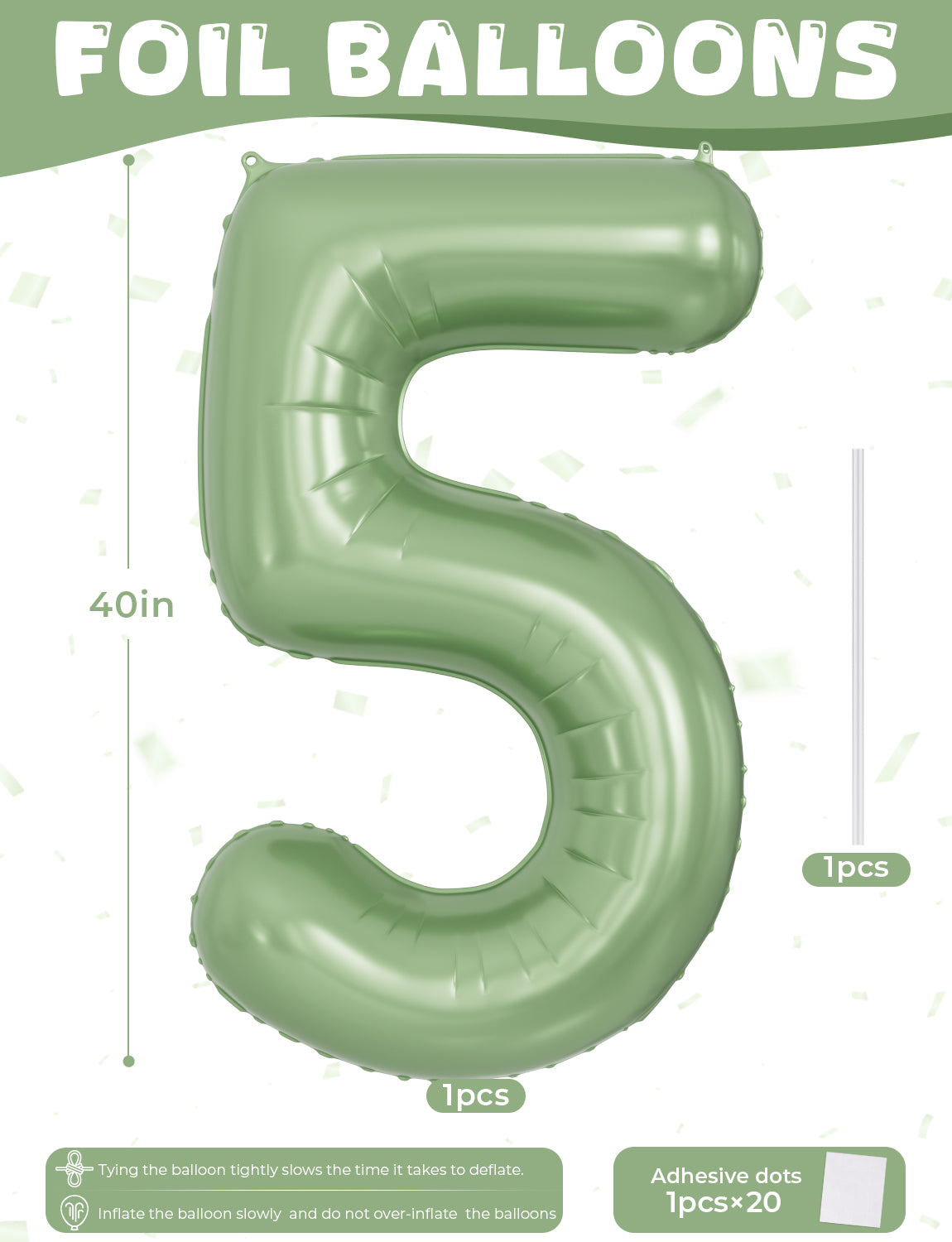Adeyoo Sage Green Foil Balloon Number 5-40 Inch Giant Sage Green Self Inflating Balloons, Number Balloons 0-9 Set for Birthday Baby Shower Jungle Safari Anniversary Party Decorations