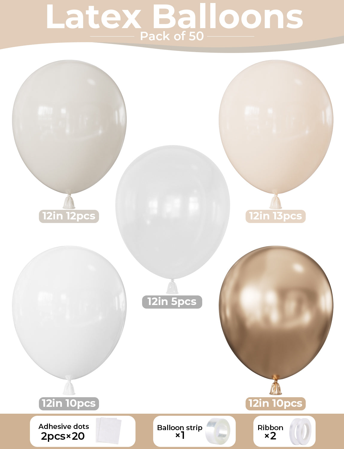 White and Gold Balloons, 50 Pcs 12 Inch Wedding Balloons Metallic Gold and Beige Balloons, Clear balloons, Nude Balloon, Engagement Balloons for Boho Wedding Bridal Anniversary party