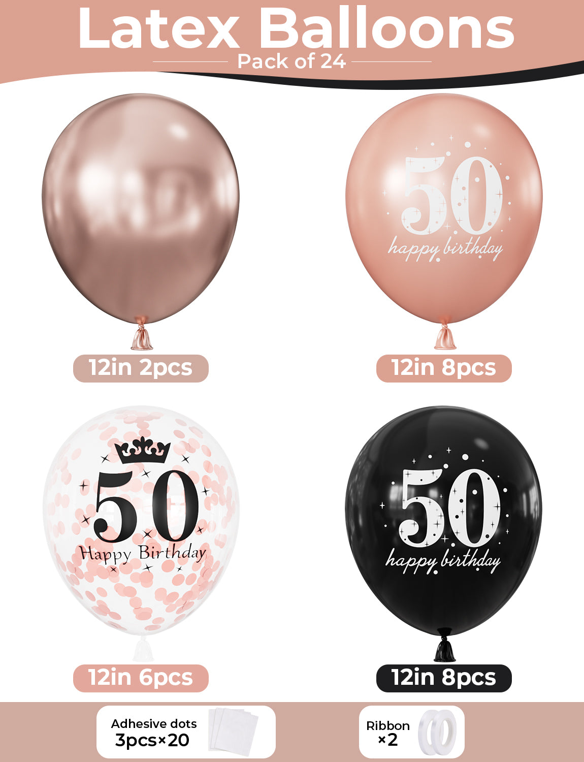 50th Birthday Balloons, Rose Gold and Black Balloons for Party Decor 24 Pcs 12 Inch Happy Birthday Balloons, Metallic and Pearl Rose Gold Balloons with Confetti, 50th Birthday Party Decorations