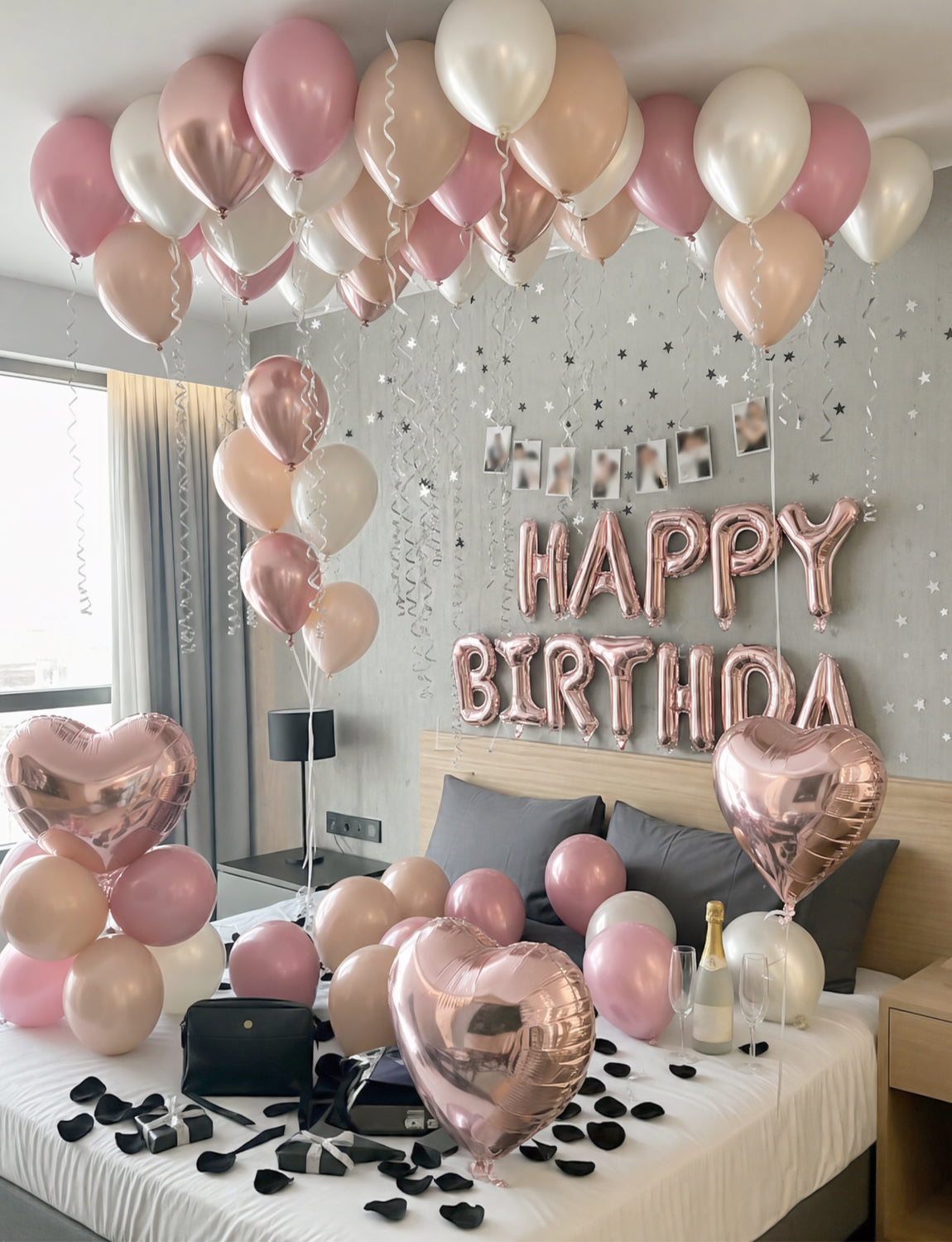 Rose Gold Happy Birthday Balloon Banner - Rose Gold Birthday Decorations with Dusty Pink Nude Sand White Latex Balloons, Heart Foil Balloons for Women Girls Birthdays Party Decorations
