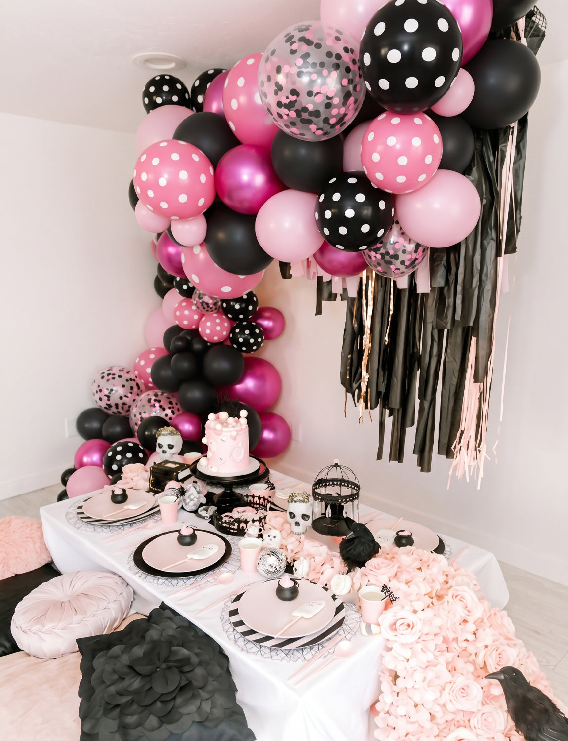 Pink and Black Balloons, 50 PCS 12 Inch Black Pink Polka Dot Balloon Baby Pink Balloons, Pearl Hot Pink and Pink Black Confetti Balloons for Girls Mouse Theme Birthday Baby Shower Party Decor