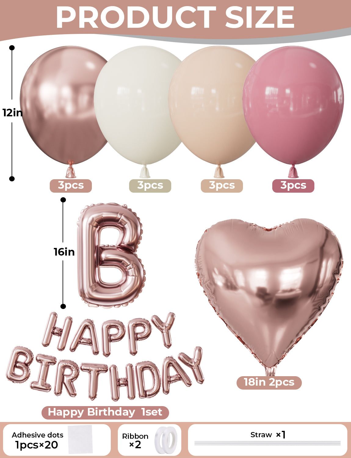 Rose Gold Happy Birthday Balloon Banner - Rose Gold Birthday Decorations with Dusty Pink Nude Sand White Latex Balloons, Heart Foil Balloons for Women Girls Birthdays Party Decorations