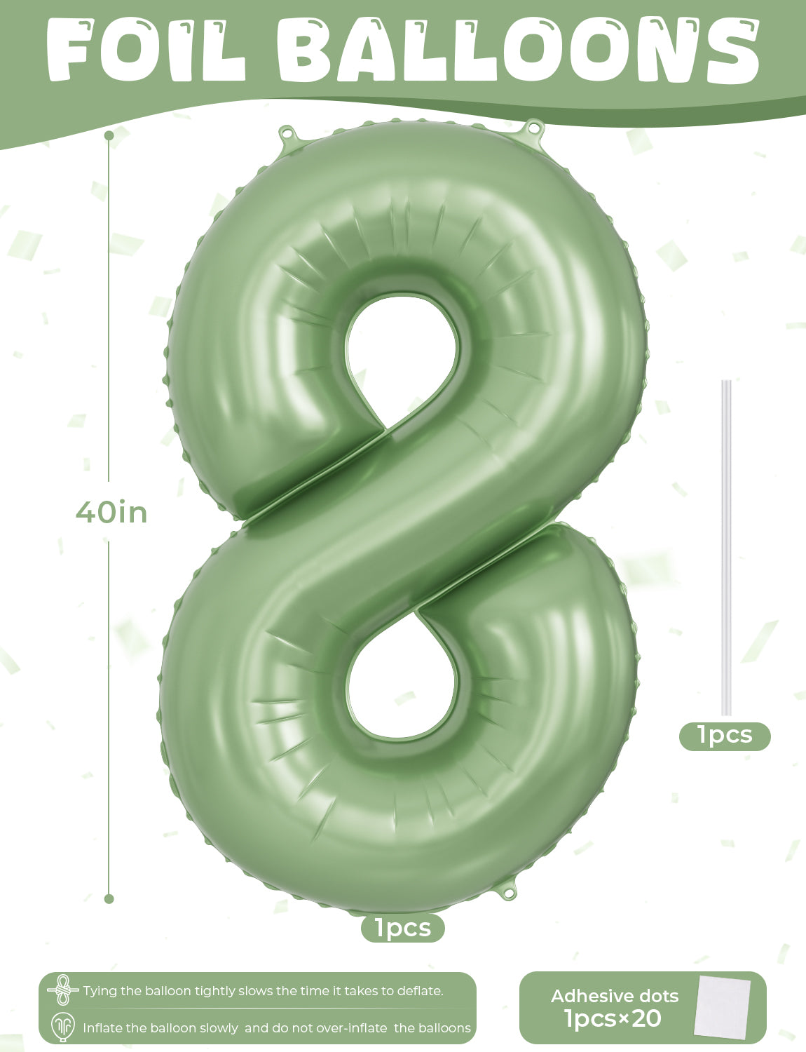Adeyoo Sage Green Number 8 Balloon - 40" Large Olive Green Foil Digital 8 Balloons for Boys Girls, Self Inflating Number Balloons 0-9 Set for Women Men Birthday Jungle Anniversary Party Decorations