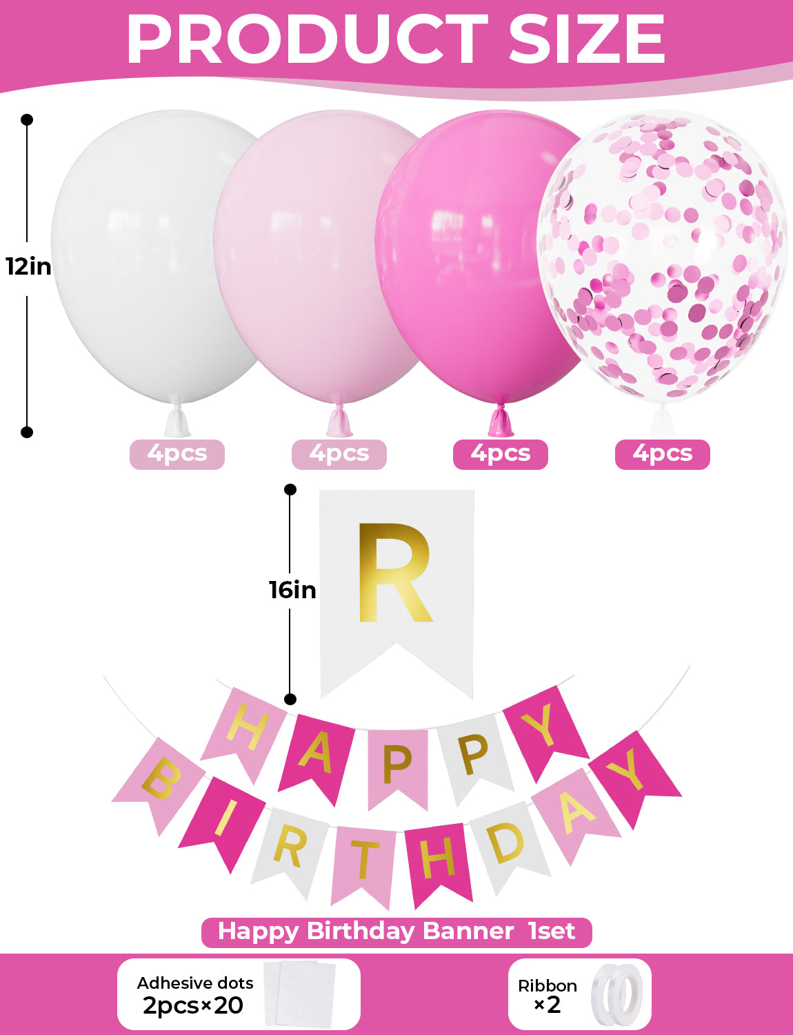 Pink Birthday Decorations - Happy Birthday Banner with 12 Inch Pink and White Latex Confetti Balloons Reusable Bunting Banner for Girls Women Pet Happy Birth Party Decorations