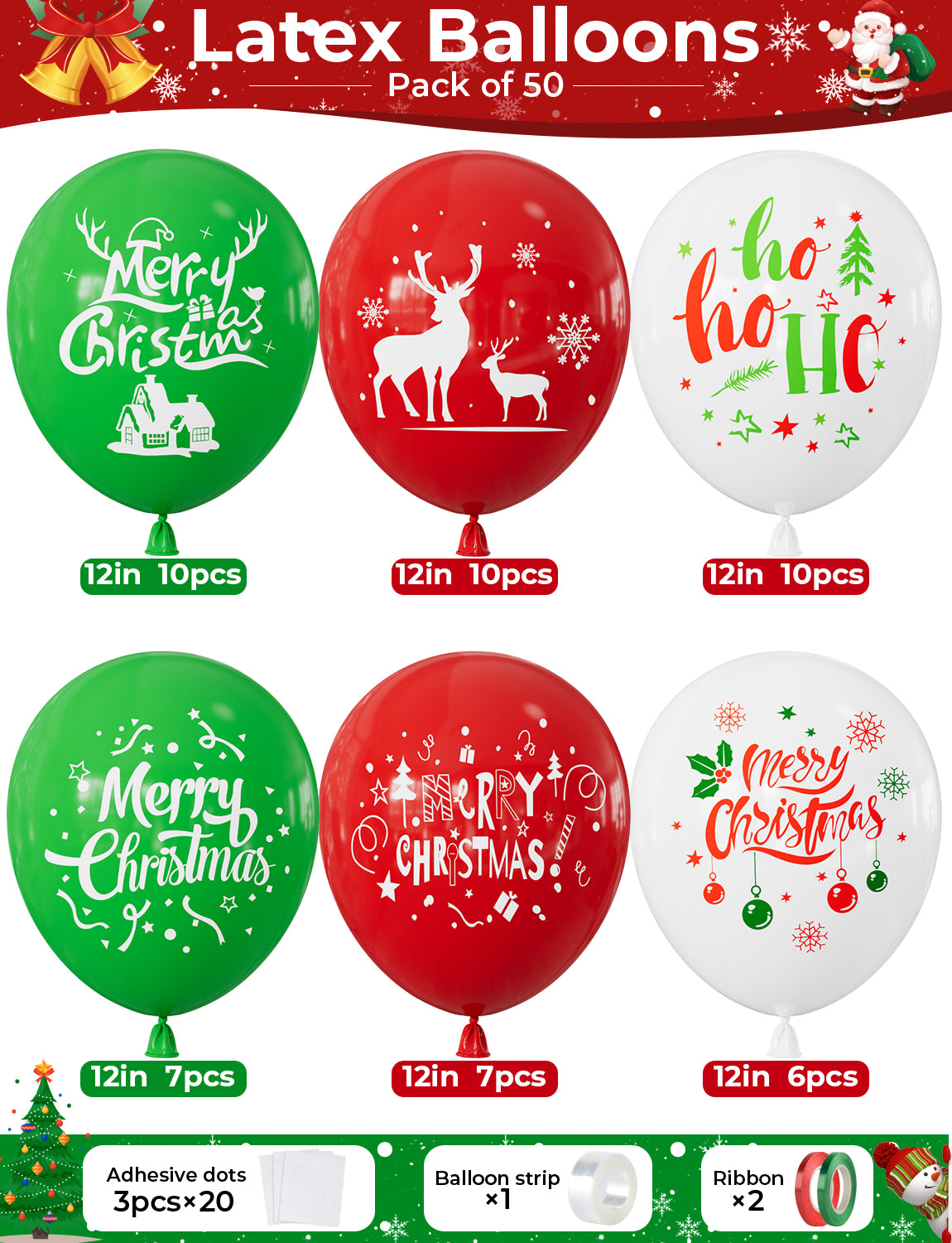 Christmas Balloons, 50 Pcs 12 Inch Red Green Christmas Print Balloon 6 Styles Christmas Latex Balloons, Red Green White Balloons, Christmas Decorations for Xmas Winter Wonderland Holiday Parties