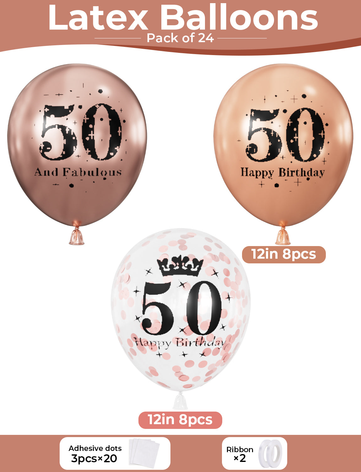 Adeyoo 24Pcs 50th Birthday Balloons for Women - 12Inch Fabulous 50th Birthday Decorations, Happy 50 Birthdays Rose Gold Latex Confetti Balloons for Women Birth Anniversary Celebration Party supplies