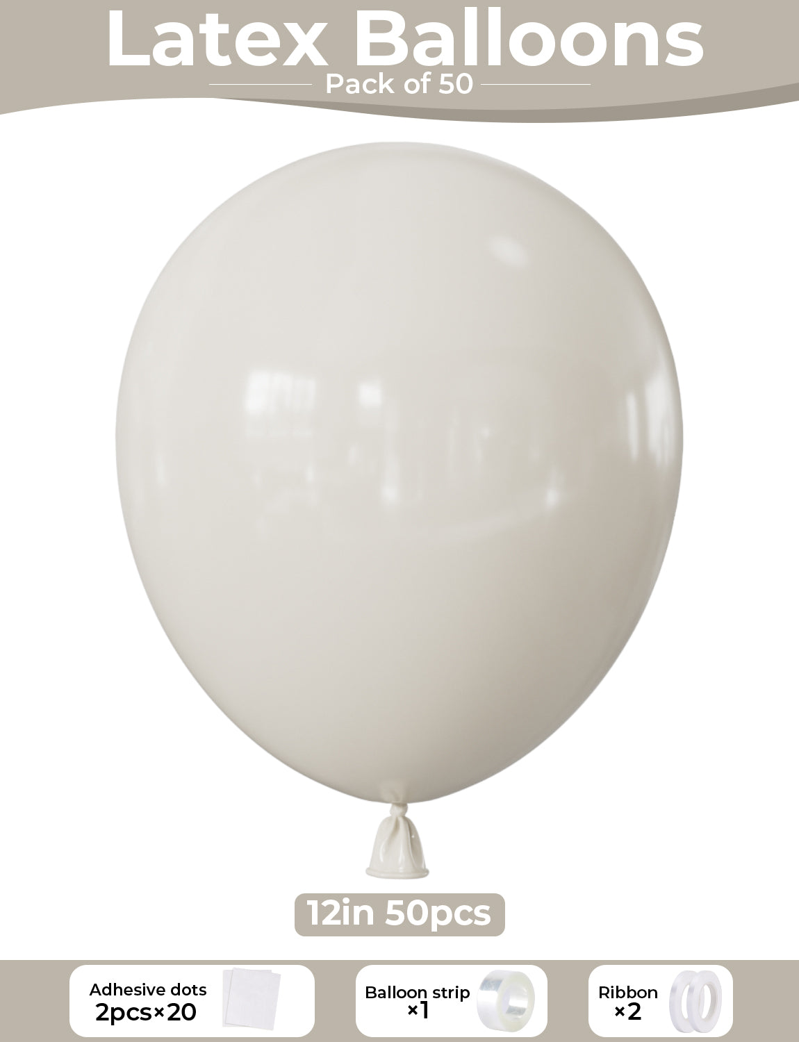 Adeyoo Cream Balloons - 50 Pcs 12 Inch Sand White Balloons Round Beige Latex Balloon with Ribbons Shiny Party Balloon for Birthday Baby Shower Wedding Bridal Boho Theme Party Decorations