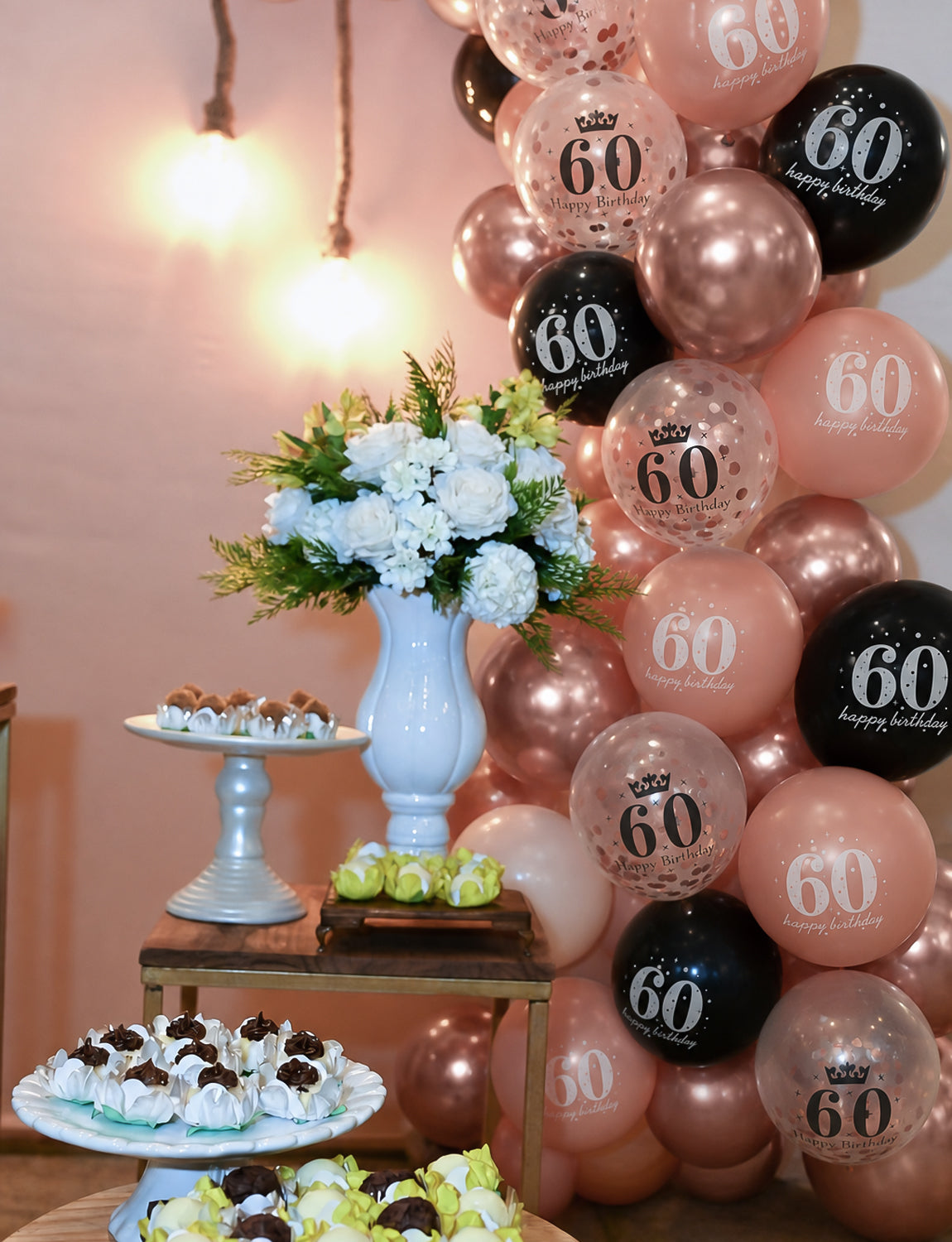 60th Birthday Balloons, Rose Gold and Black Balloons for Party Decor 24 Pcs 12 Inch Happy Birthday Balloons, Metallic and Pearl Rose Gold Balloons with Confetti, 60th Birthday Party Decorations