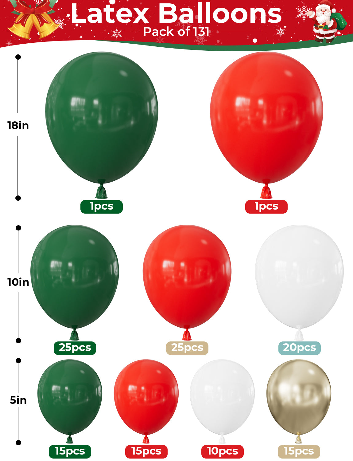 Christmas Balloon Garland Arch Kit, Red Green Gold Christmas Balloon 131 Pcs Red Green White Gold Latex Balloons with Christmas Bow, Candy Cane Foil Balloons for Christmas New Year Party Decor