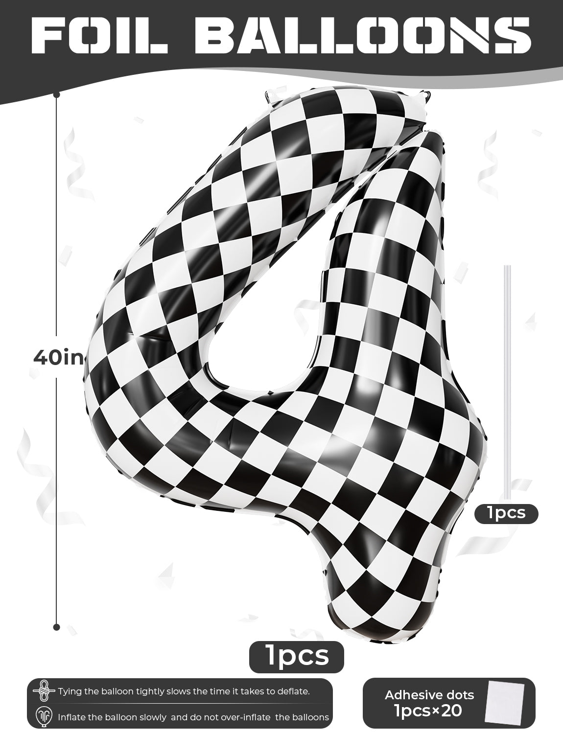 40 Inch Checkered Number 4 Balloon for Racing Birthday Decorations Large Number 4 Balloon, Black and White Foil Balloon for Birthday, Baby Shower, Race Car and Checkered Flag Party Decorations