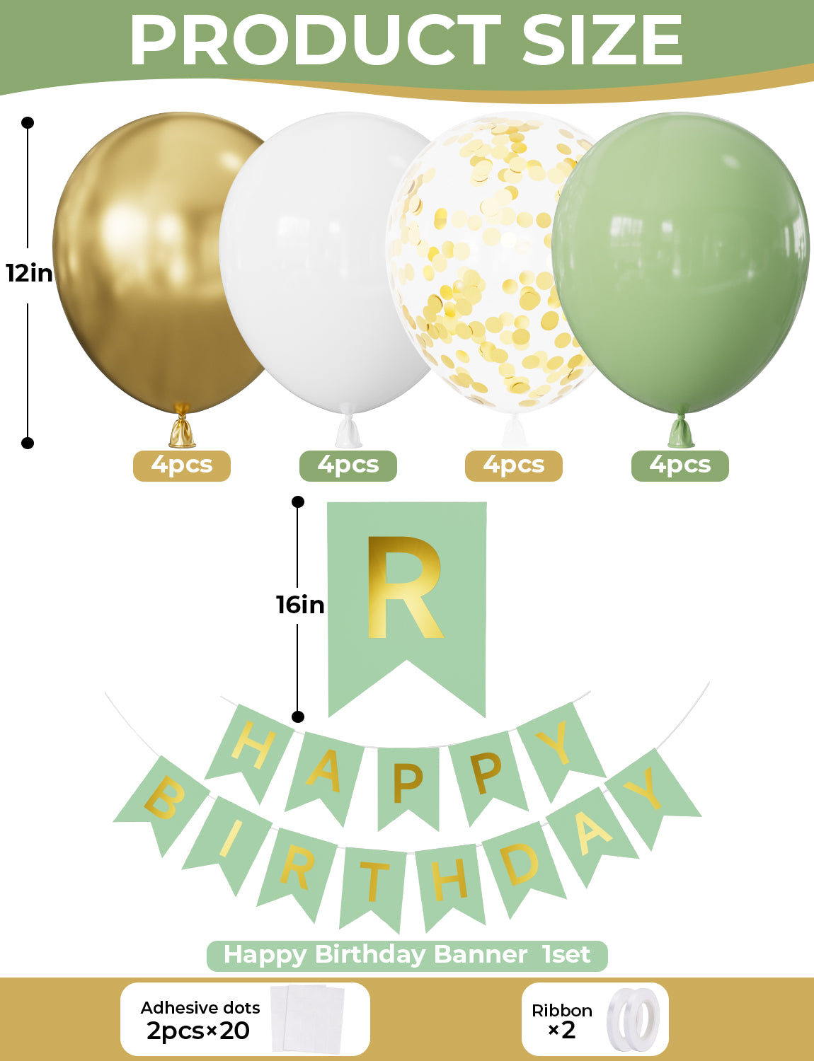 Green and Gold Happy Birthday Banner - Green Party Decorations with 12 Inch White and Gold Happy Birthday balloons Reusable Bunting Banner for Men Women Pet Happy Birth Party Decorations